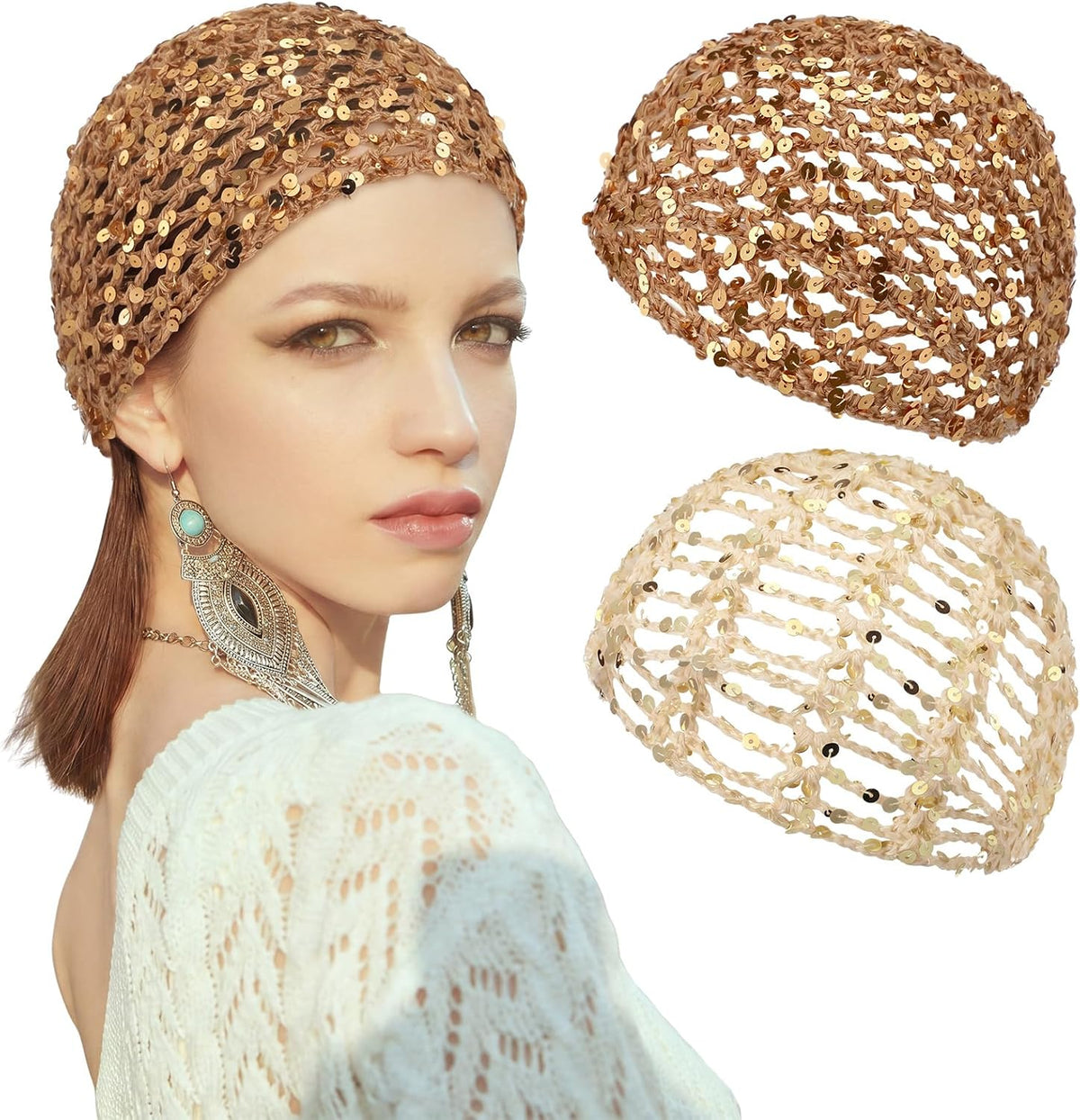 Cuffbow Gorro de ganchillo con lentejuelas brillantes, estilo bohem...