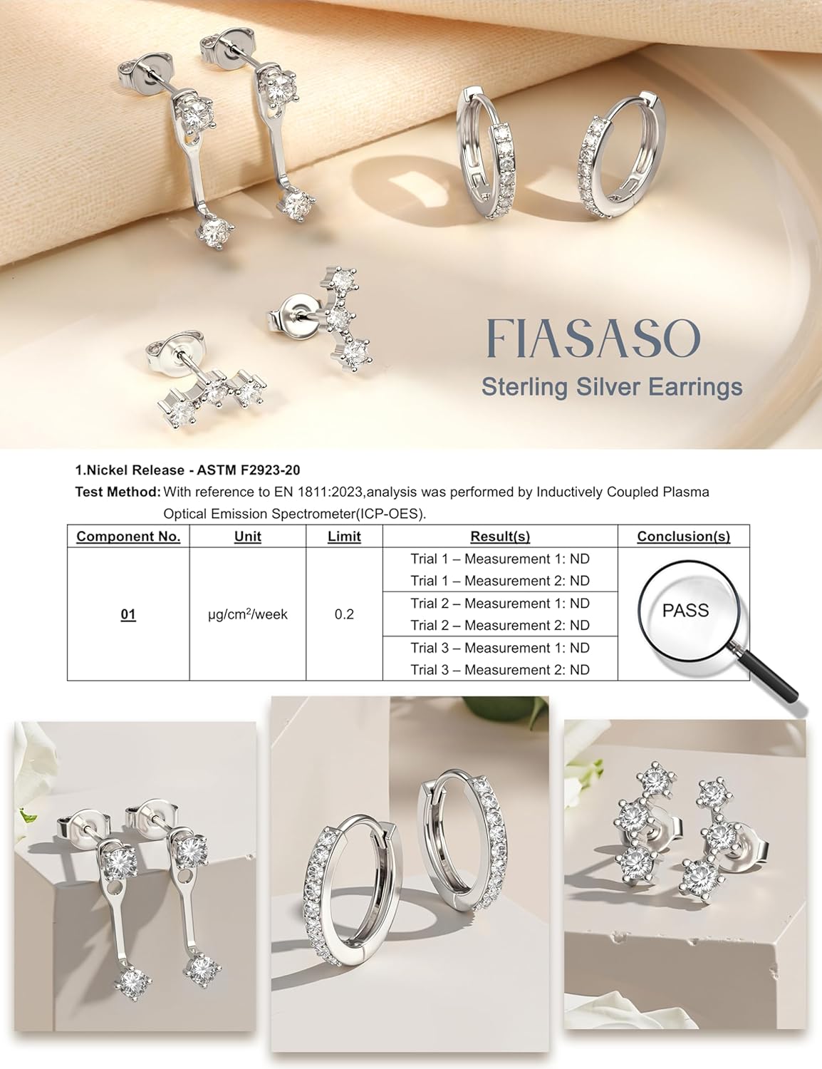 FIASASO 3 Pares de Aretes de Plata de Ley 925 Hipoalergénicos para...