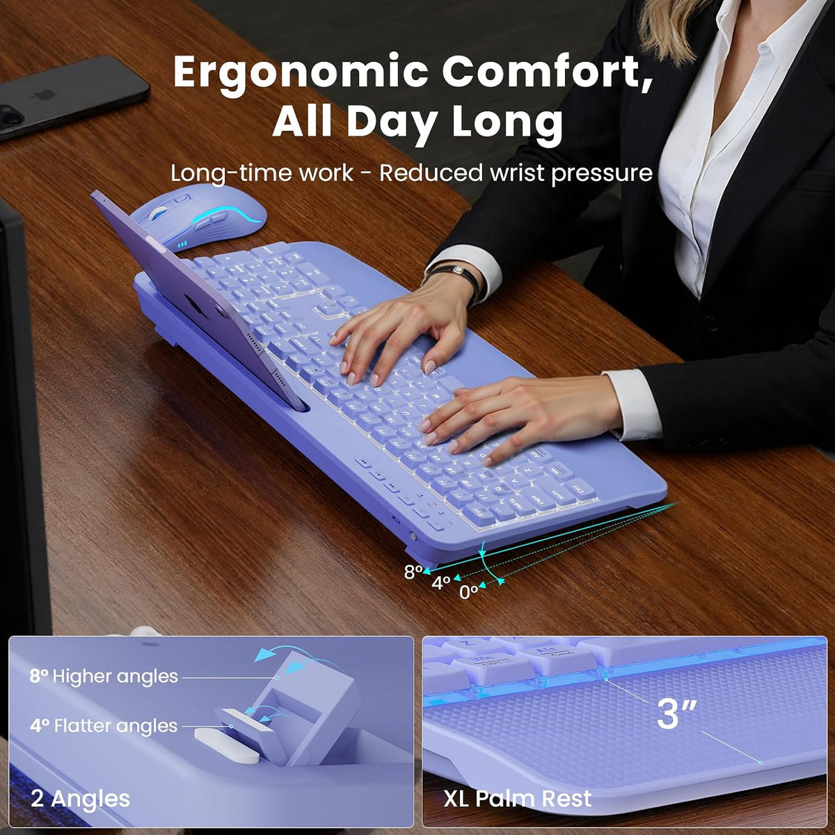 Combo inalámbrico de teclado y ratón morado, conjunto de teclado y...