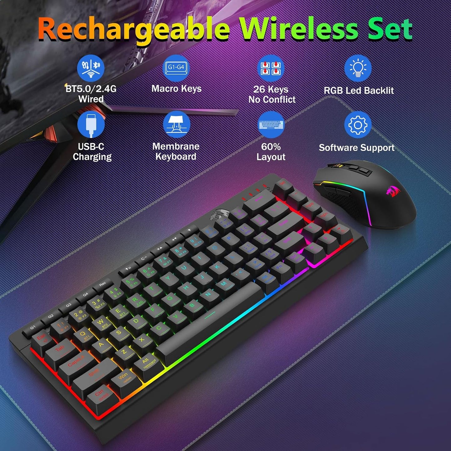 Redragon Combo de teclado y mouse inalámbricos para juegos, Bluetoo...