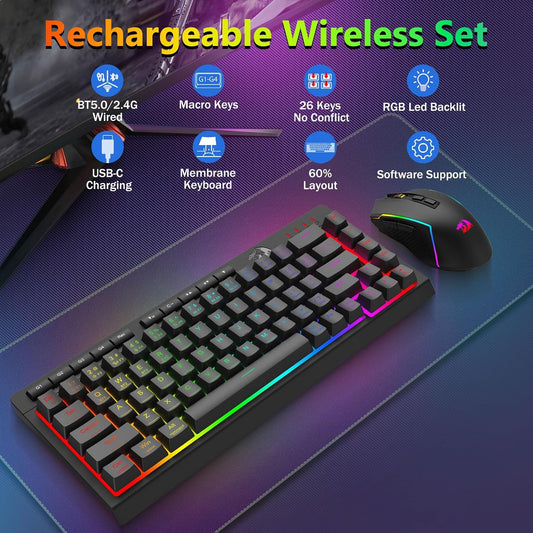 Redragon Combo de teclado y mouse inalámbricos para juegos, Bluetoo...