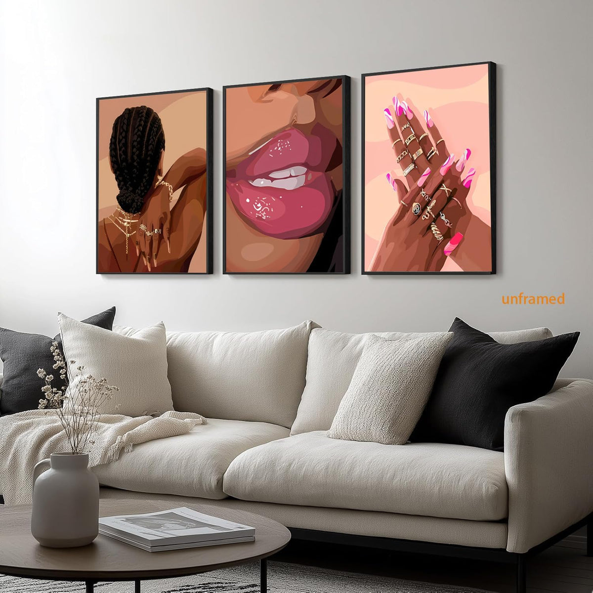 Juego de 3 pósters de pared de niña negra en tonos rosa, arte de pa...