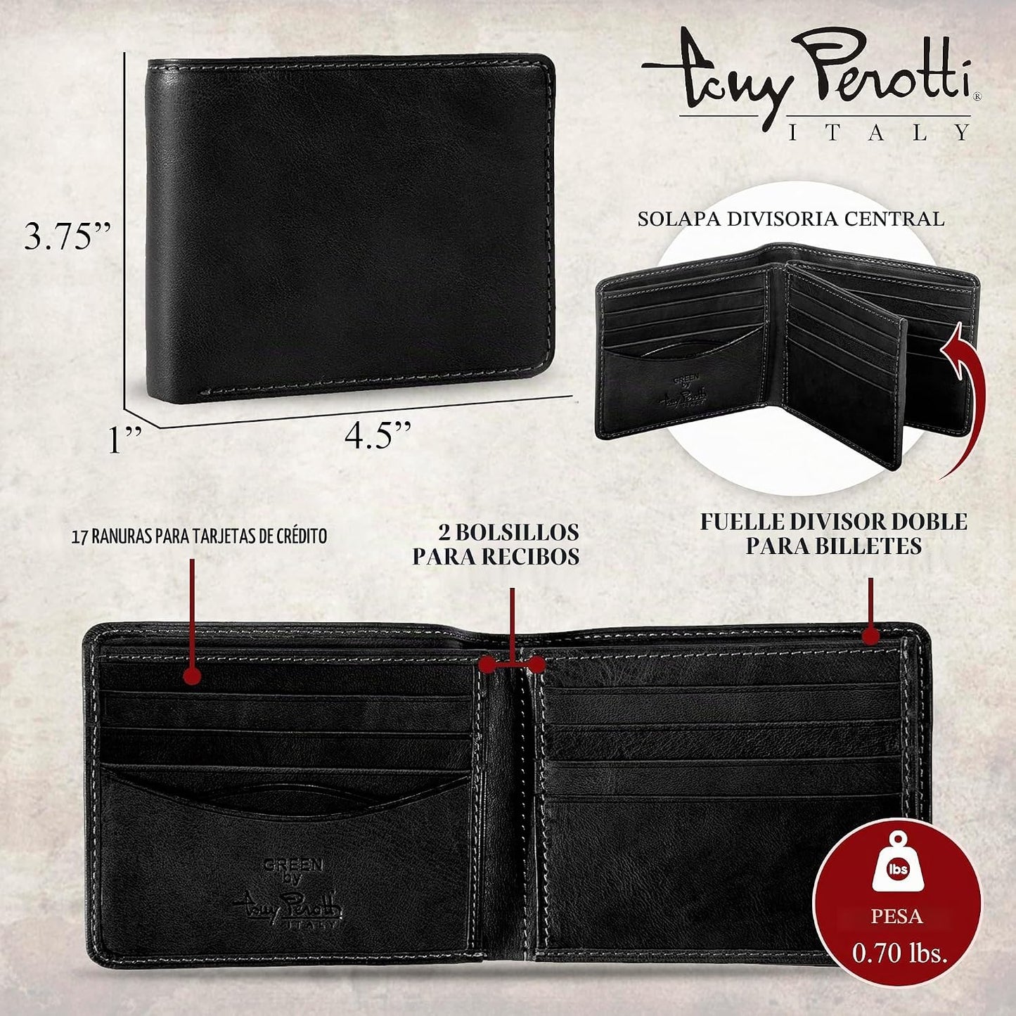Tony Perotti Billetera plegable de cuero italiano para hombre con t...