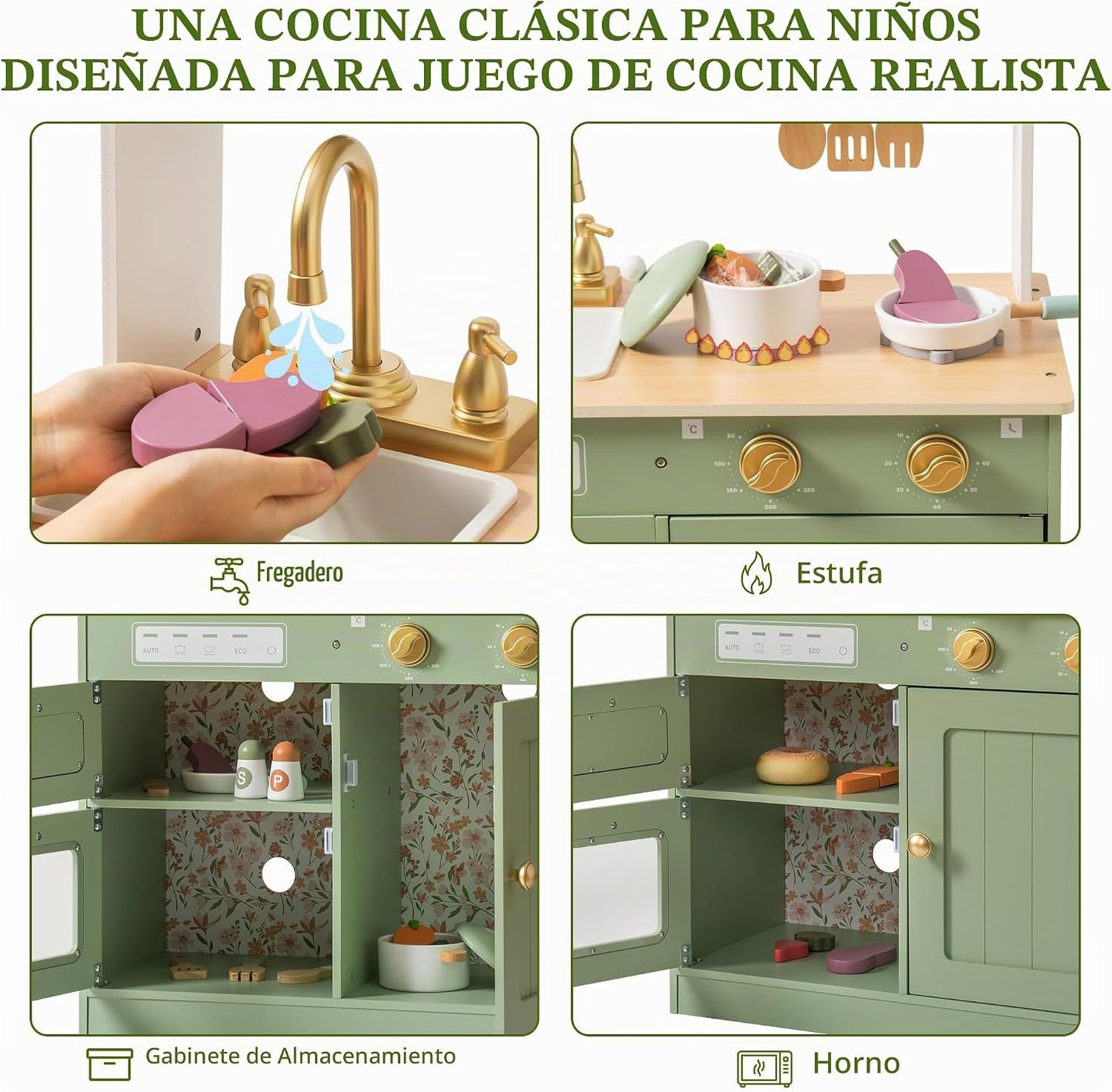 ROBUD Juego de cocina de madera para niños, juego de juguetes de co...