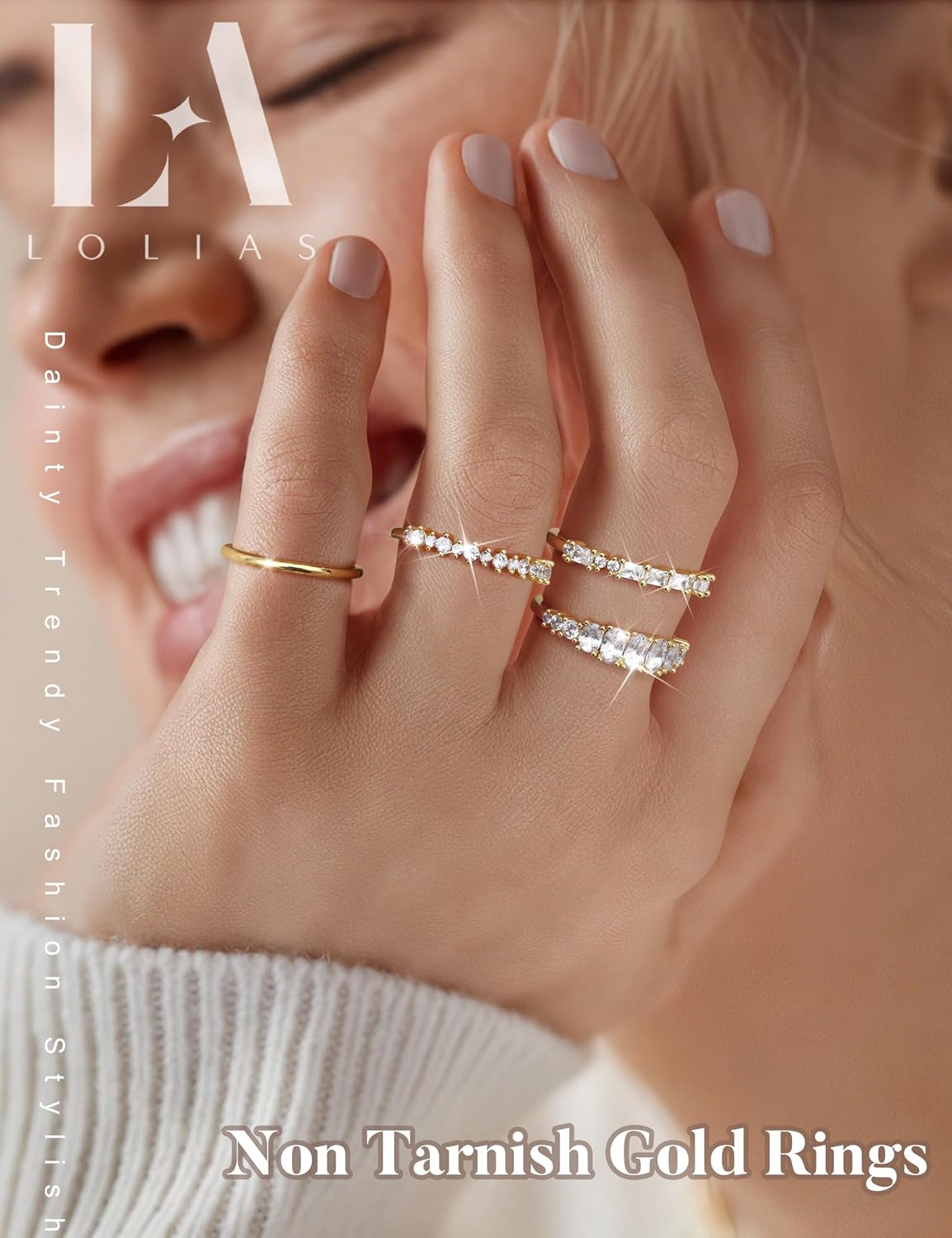 LOLIAS Anillos apilables chapados en oro de 14 quilates para mujer...