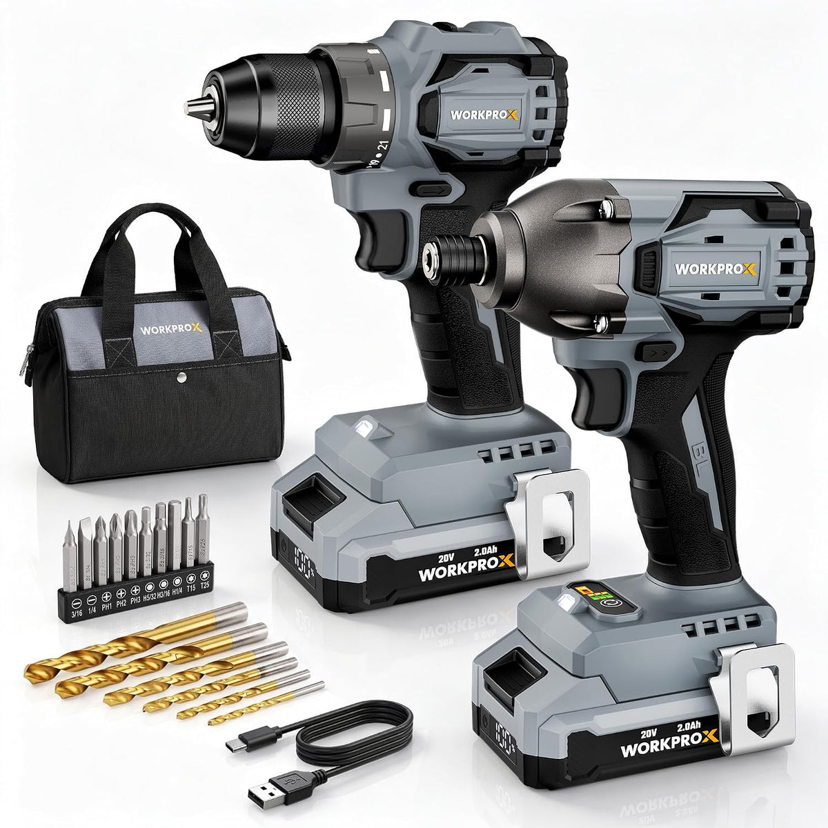 WORKPRO Kit combinado de taladro inalámbrico y destornillador de im...