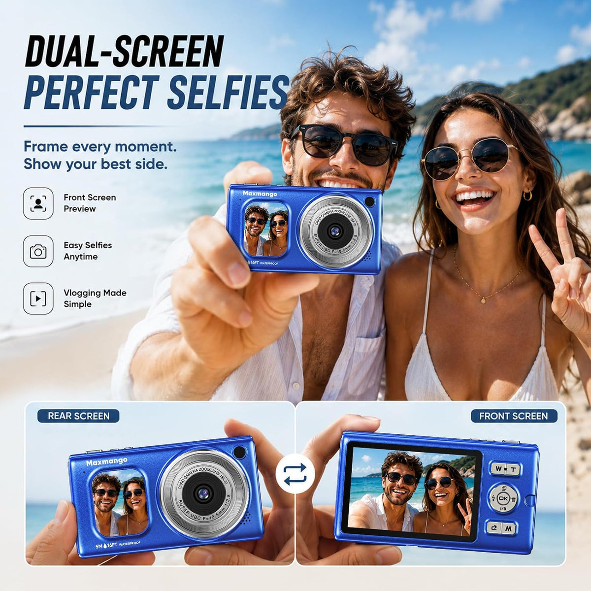 Cámara digital subacuática de 16 pies, 4K 48MP 1500mAh batería desp...
