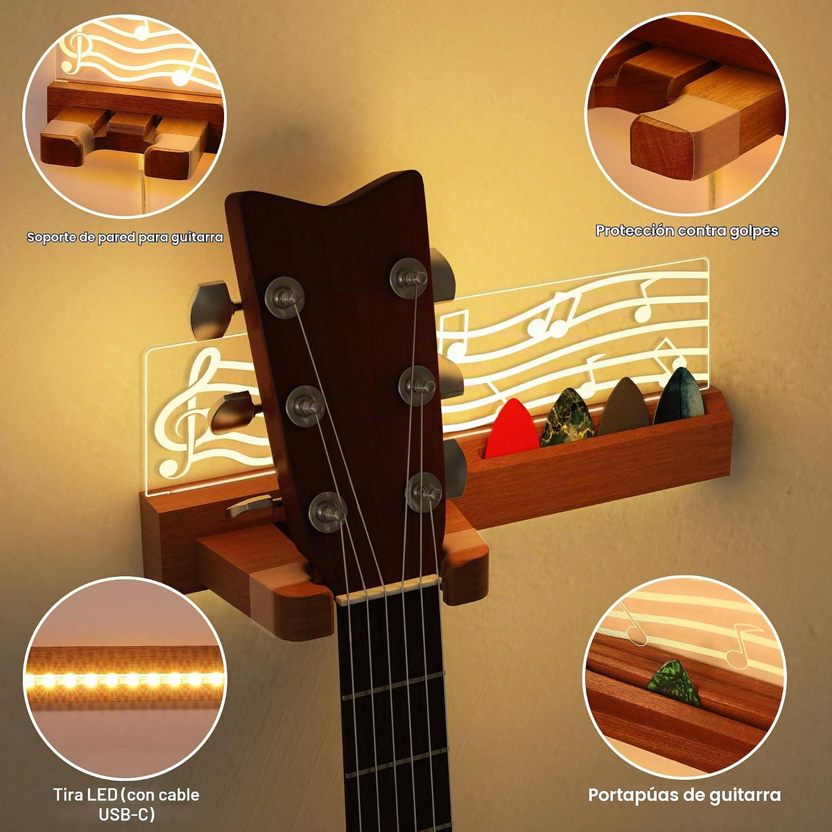 CoolGift Mart Soporte de pared para guitarra con luces LED, accesor...