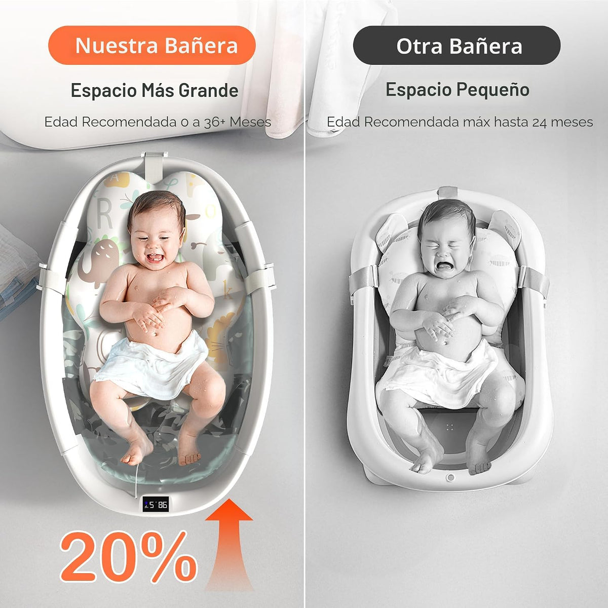 Bañera plegable para bebé - Tina de baño grande para bebé con termó...