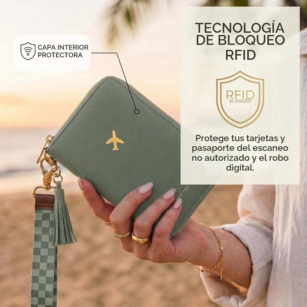 Hermoso soporte para pasaporte y cartera de viaje con correa de muñ...