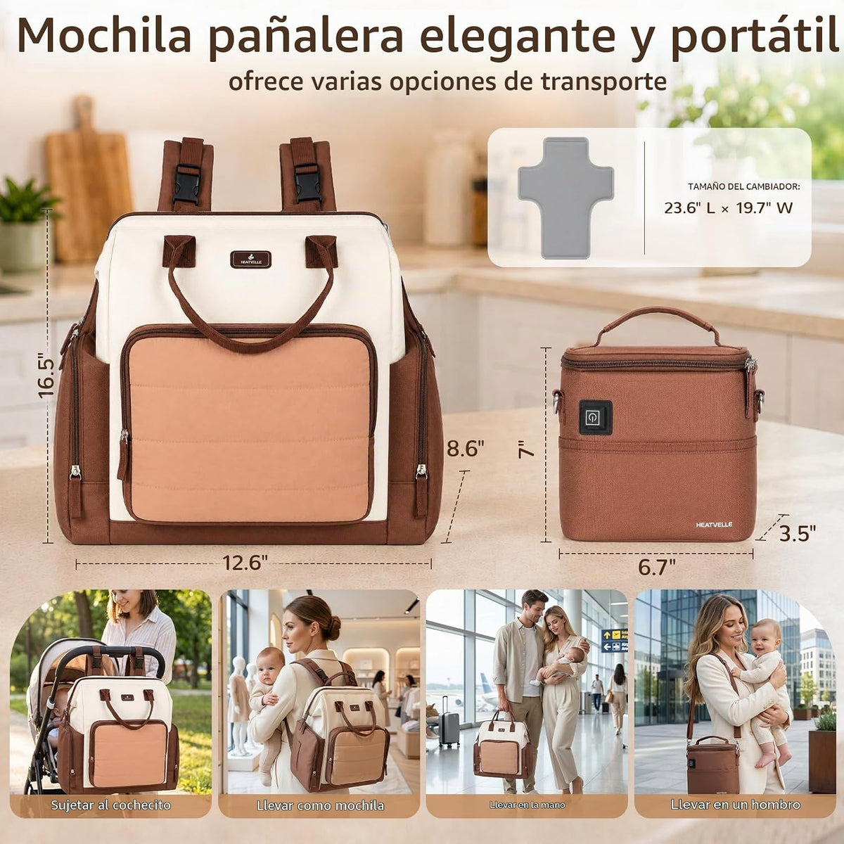 Heatvelle Mochila para pañales con bolsa calentadora de biberones p...