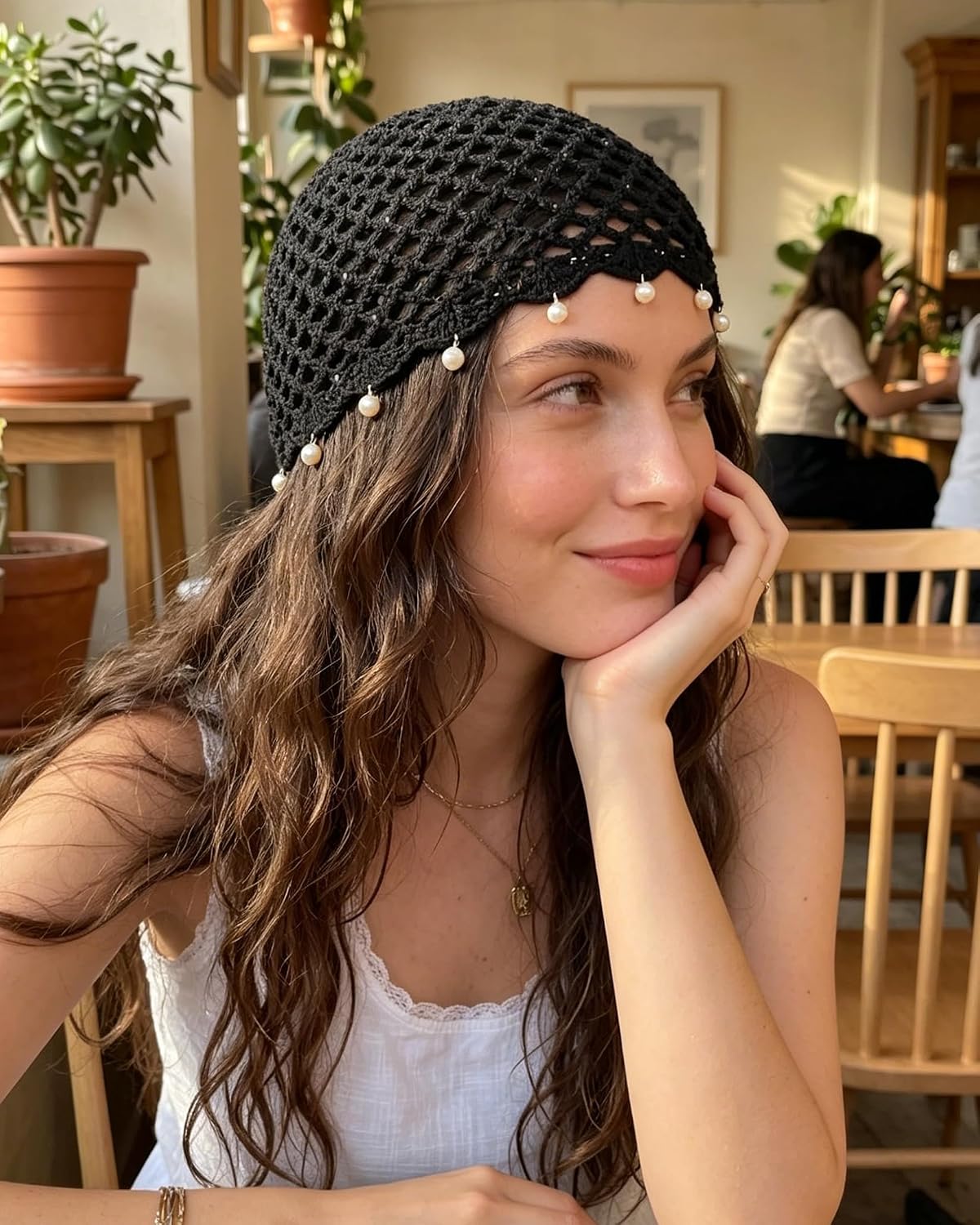HENWASAI Gorro de ganchillo brillante para mujer con ribete de perl...