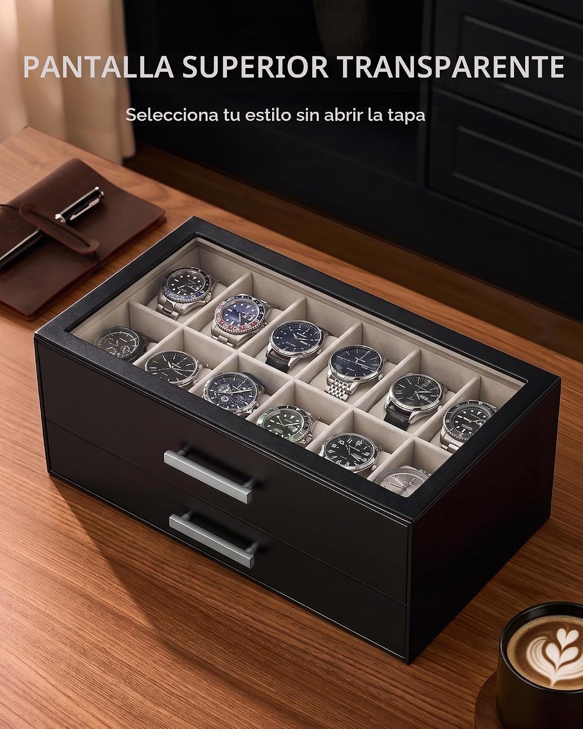 ProCase Caja de reloj de 14 ranuras, vitrina de 2 niveles con cajon...