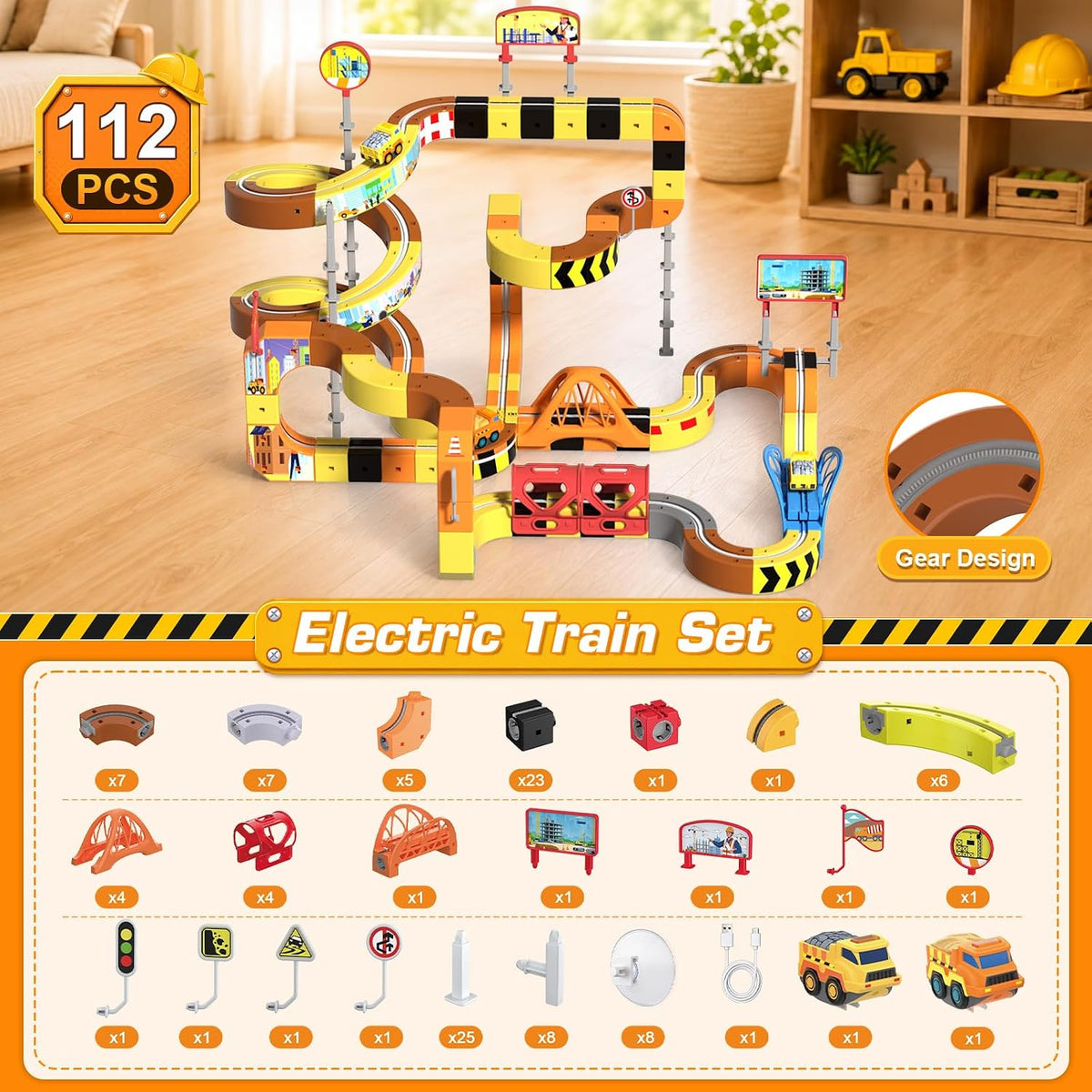 Juego de tren eléctrico de construcción, 112 piezas de pistas 3D qu...