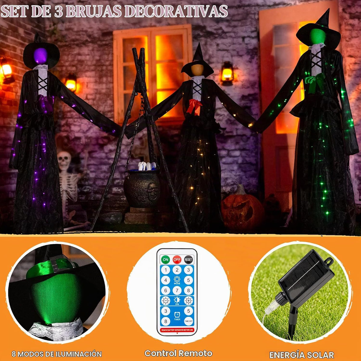 Juego de 3 decoraciones de bruja iluminadas para Halloween de 65 pu...