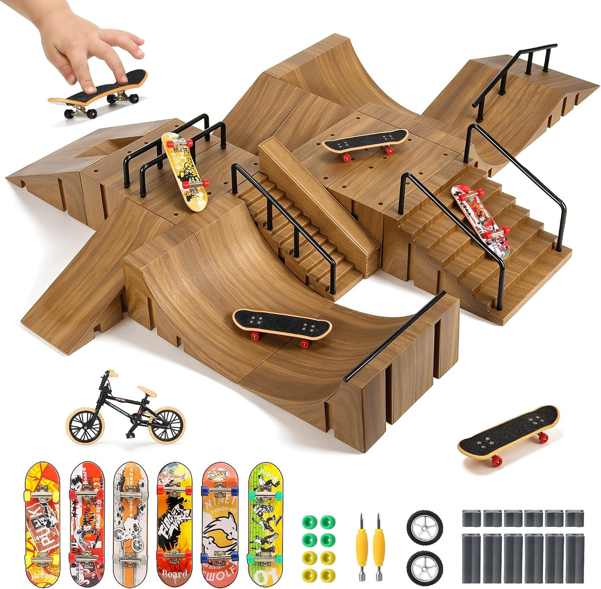 RNGODO Kit de parque de patinetas para niños, 14 en 1, mini rampa d...