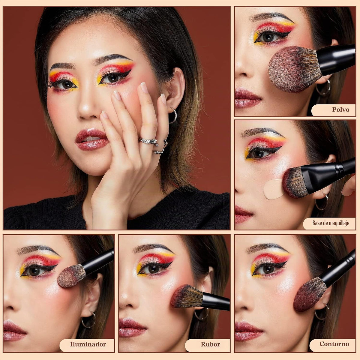 Jessup Pinceles de maquillaje de cara grande, 5 piezas, base sintét...