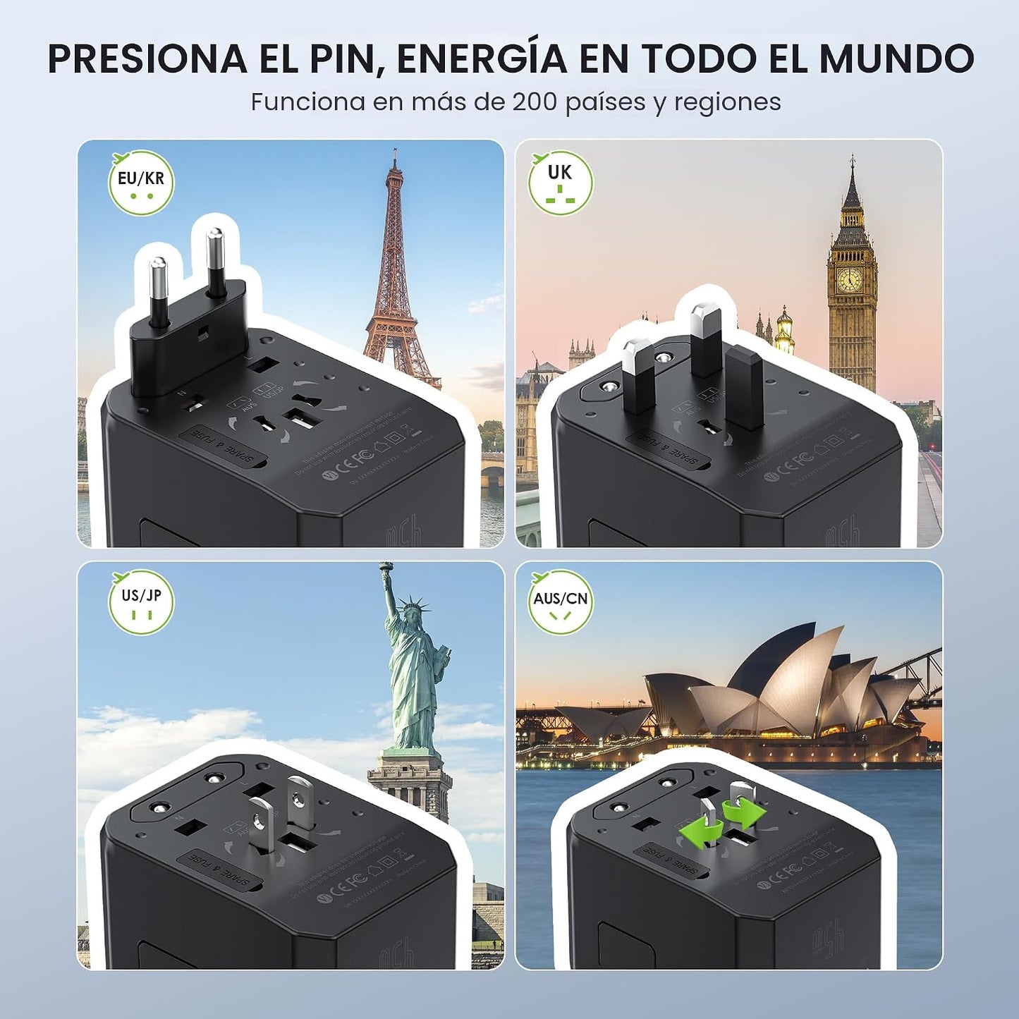 EPICKA 45W Adaptador de viaje universal PD&amp;QC, 1AC\/3USB-C\/2US...