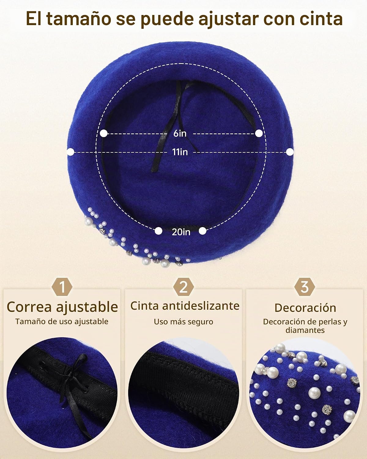 Boina clásica de lana francesa con adornos de perlas y diamantes de...