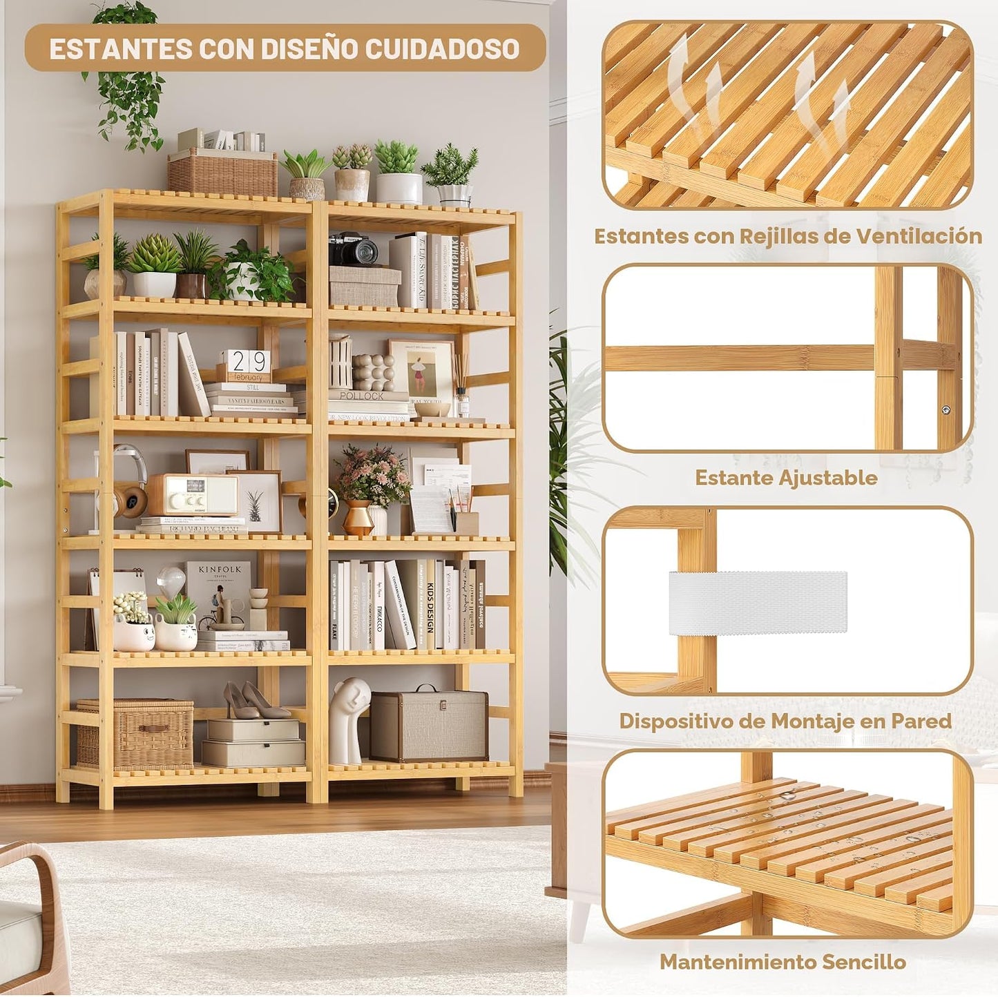 FOTOSOK - Juego de 2 estanterías de bambú de 6 niveles, estantería...