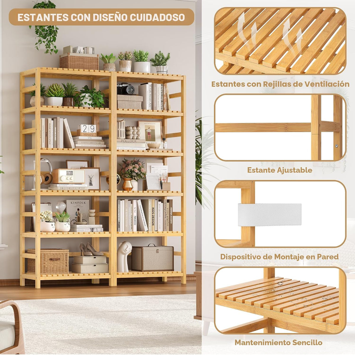 FOTOSOK Estantería de bambú de 6 niveles, estantería ajustable con...