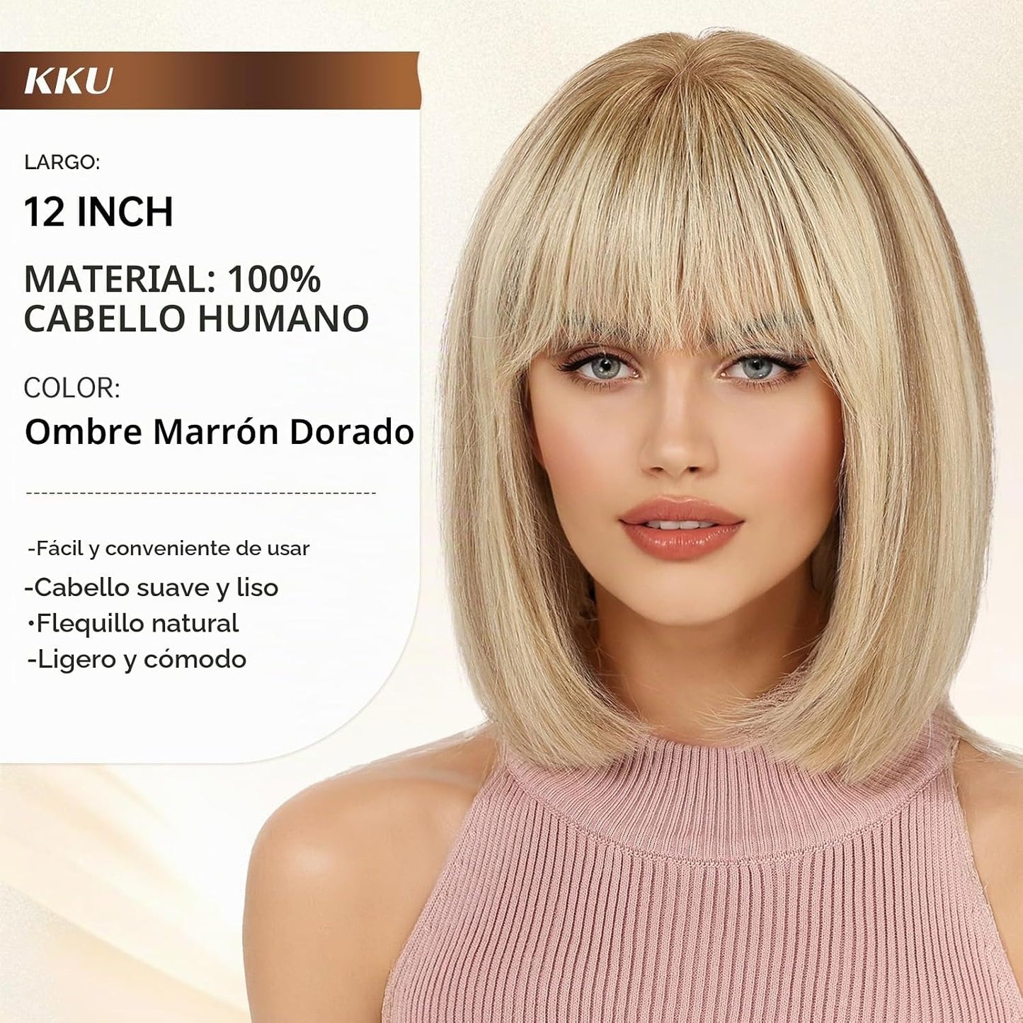 KKU Pelucas de cabello humano rubio castaño degradado para mujer, p...