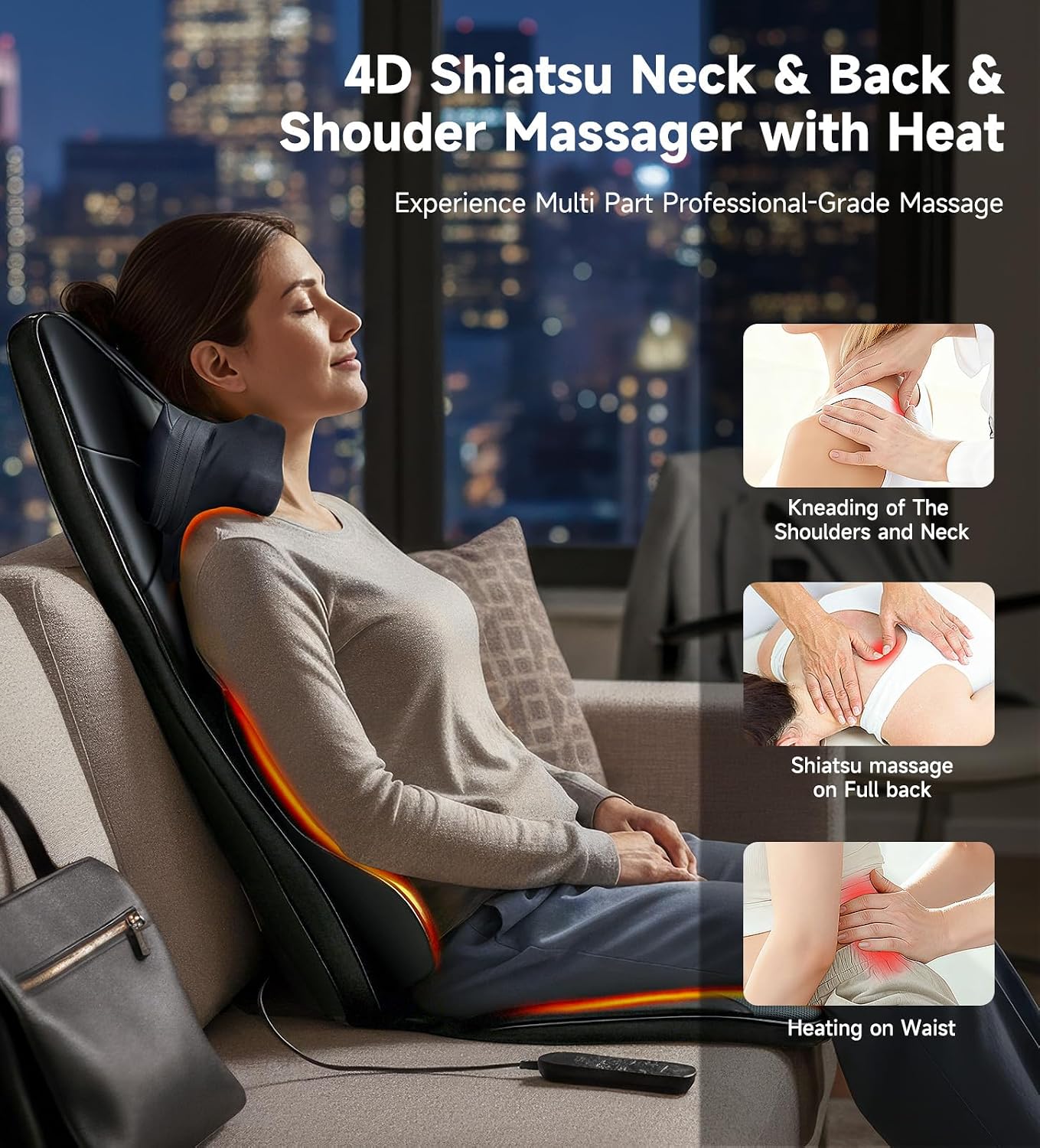 Flekzo Masajeador de espalda para silla con calor, shiatsu cuello y...