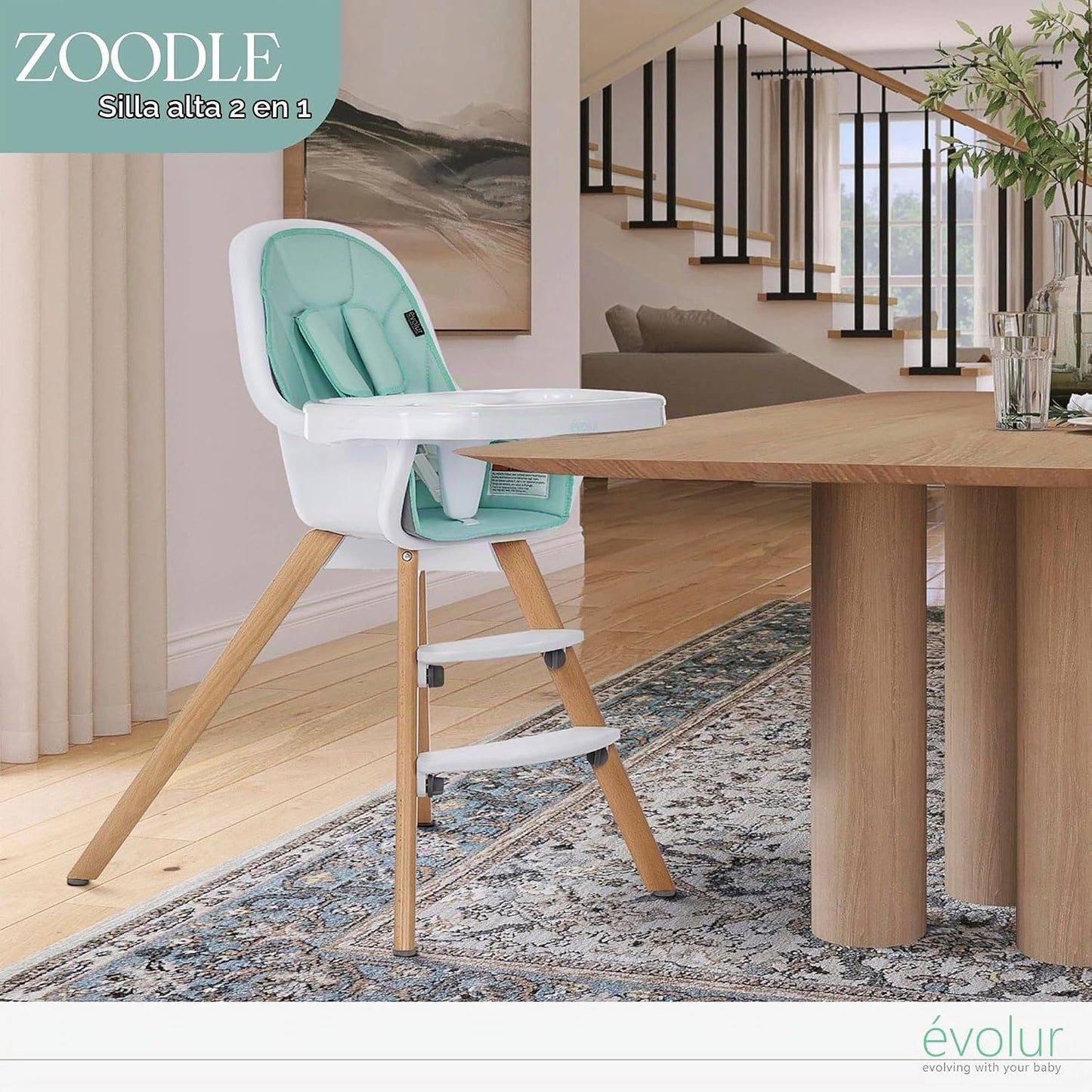 évolur Zoodle - Silla alta 3 en 1 en color menta, silla de alimenta...
