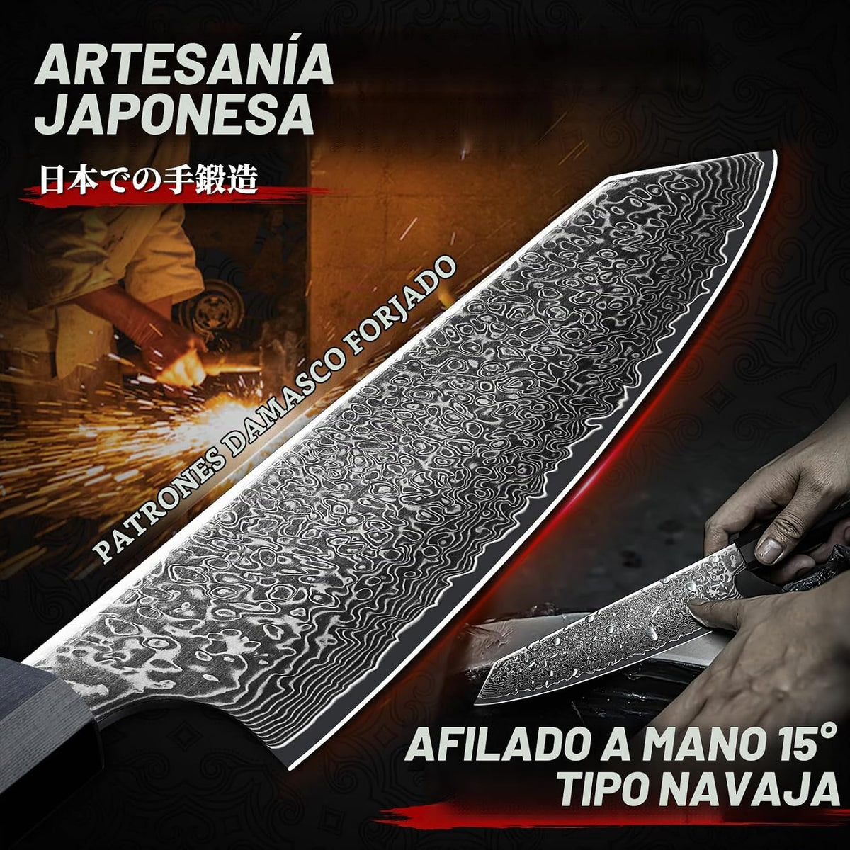 TIVOLI Cuchillo japonés Kiritsuke de Damasco de 8 pulgadas con bord...