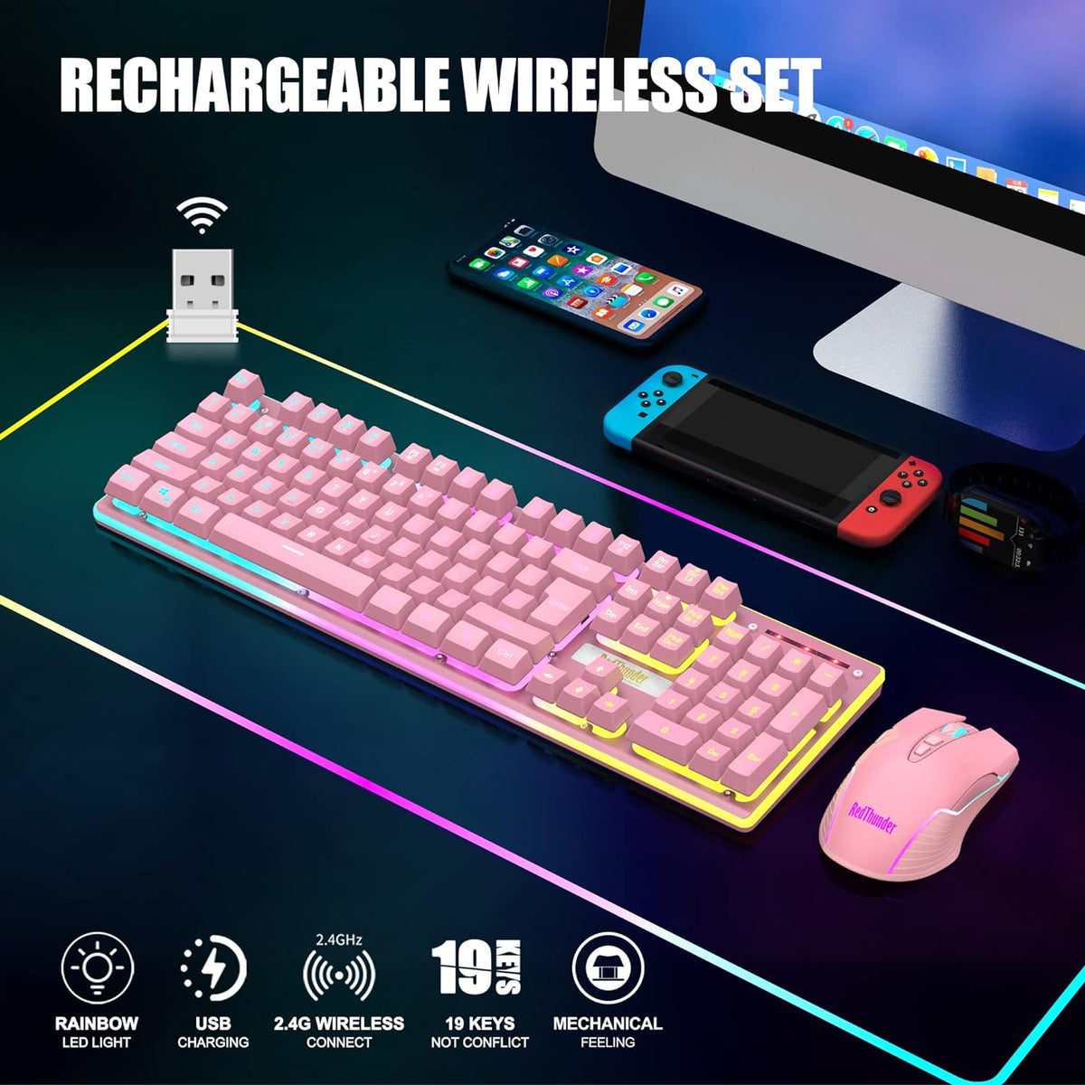 RedThunder K10 - Combo de teclado y ratón inalámbricos para juegos,...