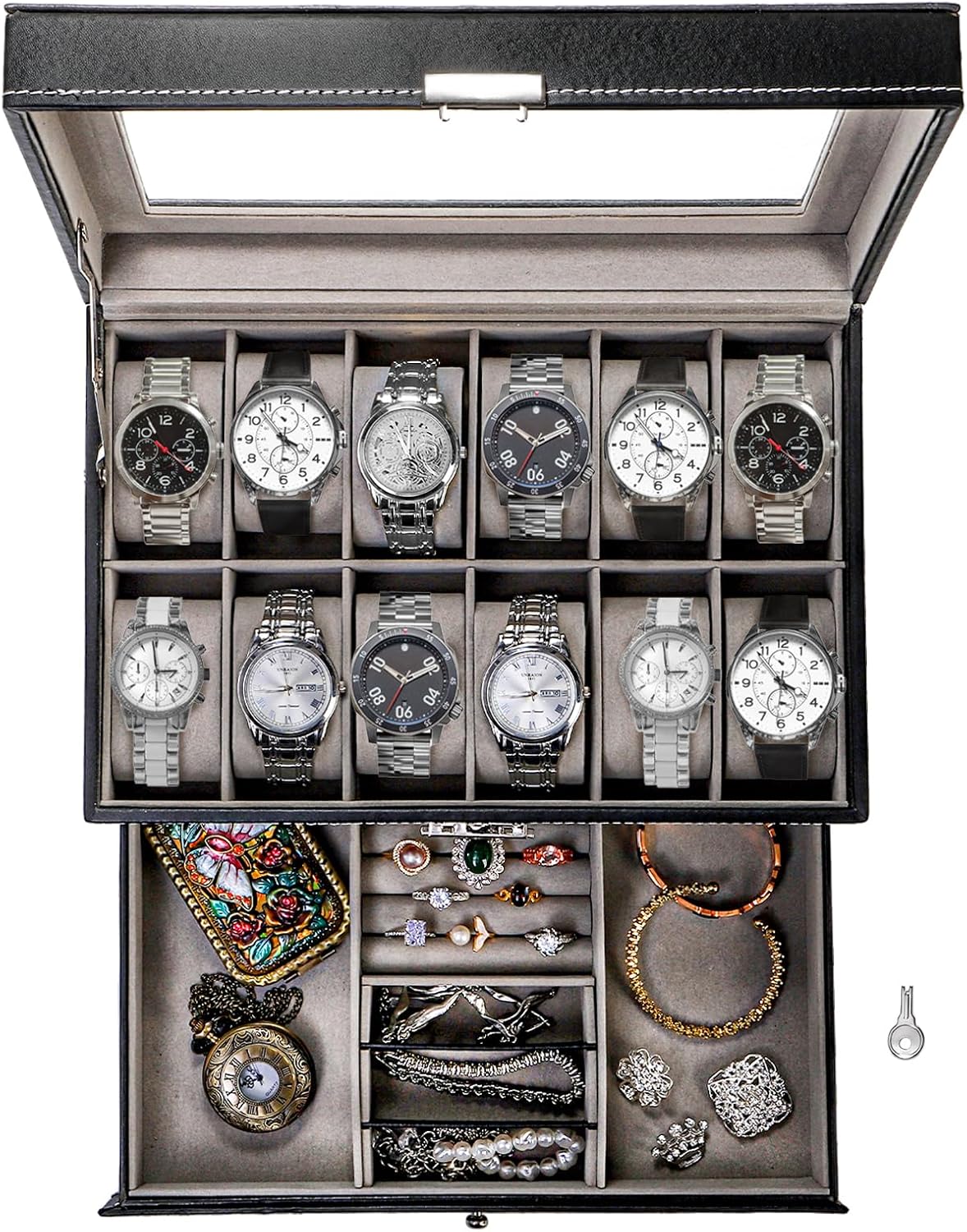 Tebery Caja de reloj de 12 ranuras con tapa de cristal, 2 capas de...