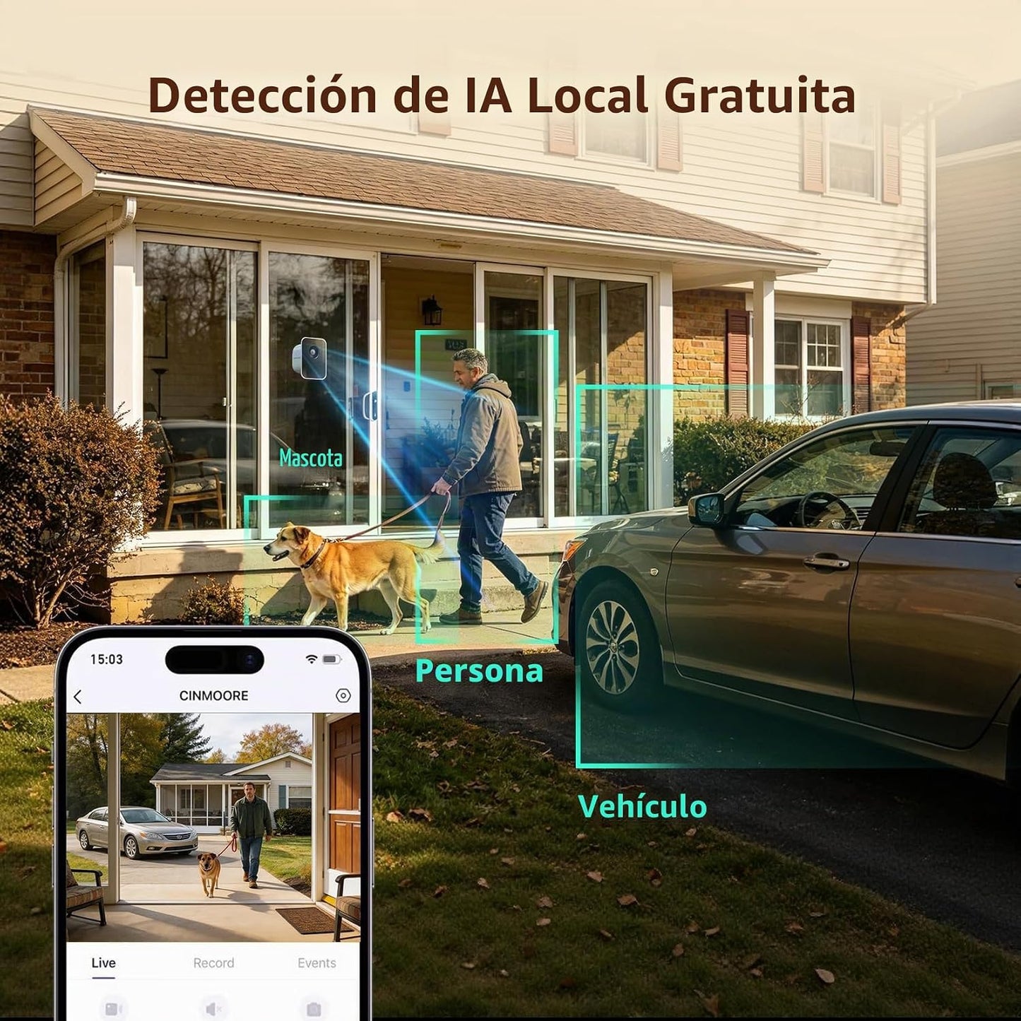 CINMOORE Cámara de seguridad de ventana de 2.5K, sin taladro, antir...