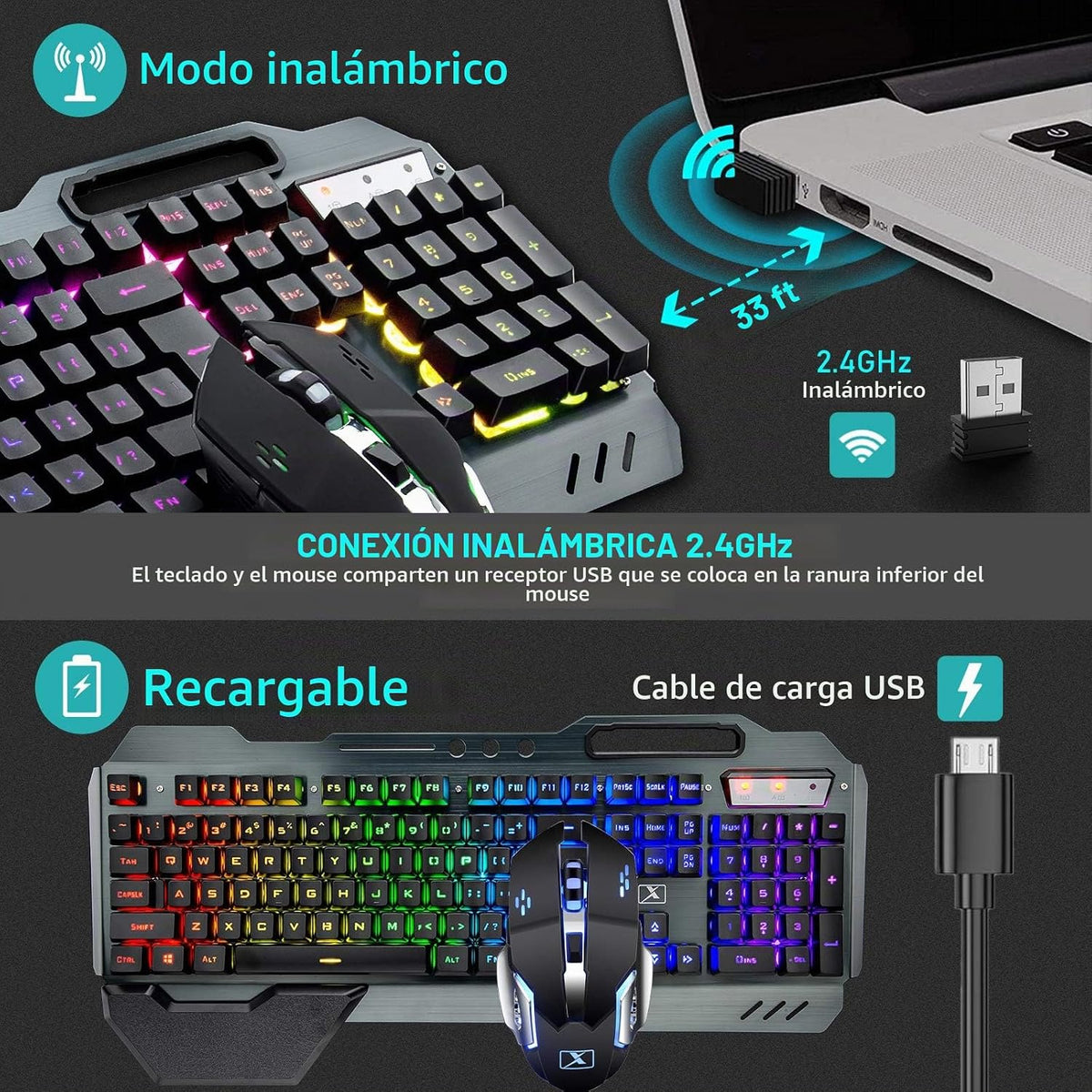 Teclado y ratón inalámbricos para juegos RGB con retroiluminación d...