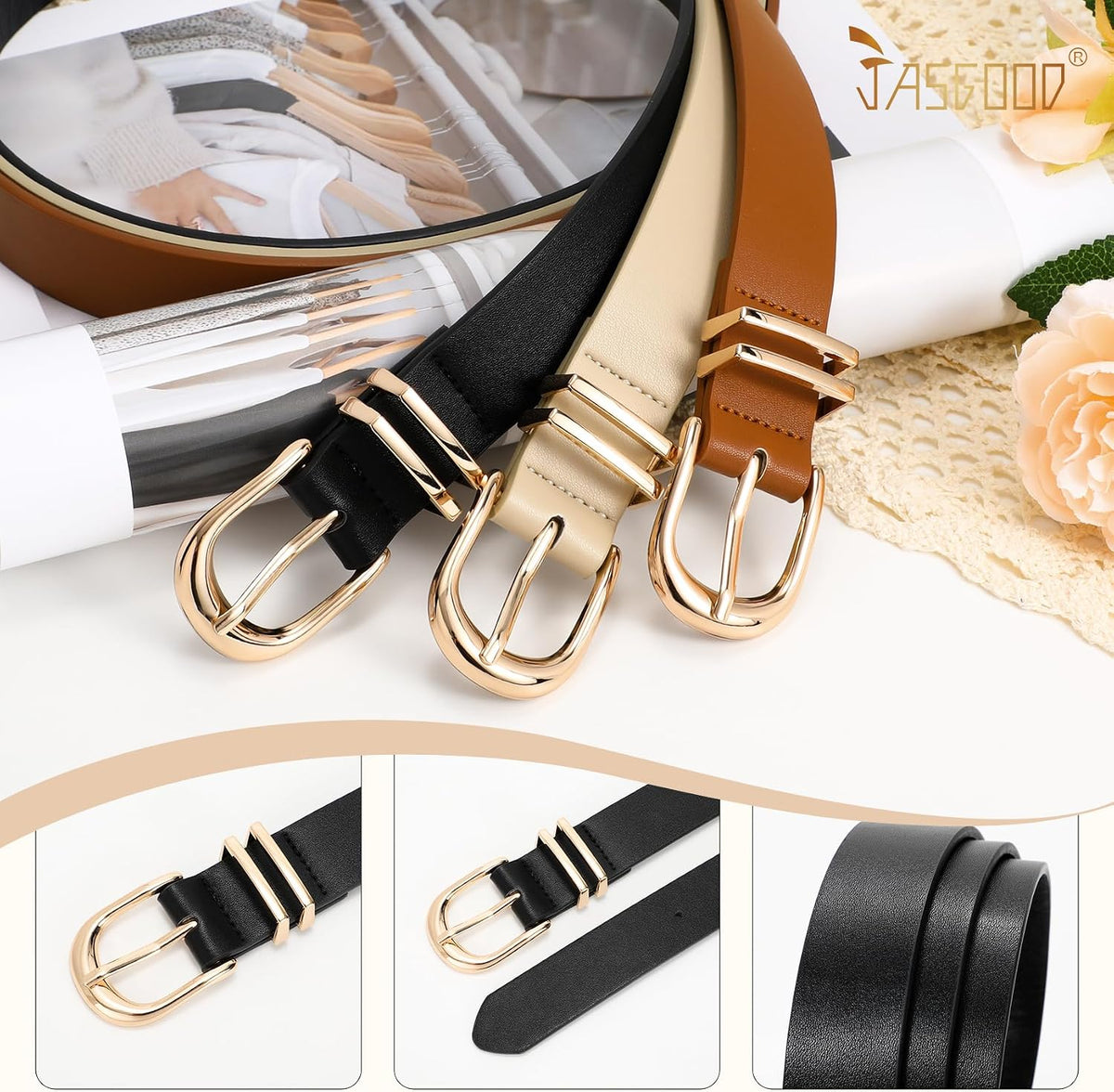 JASGOOD Paquete de 3 cinturones de cuero para mujer para jeans, ves...