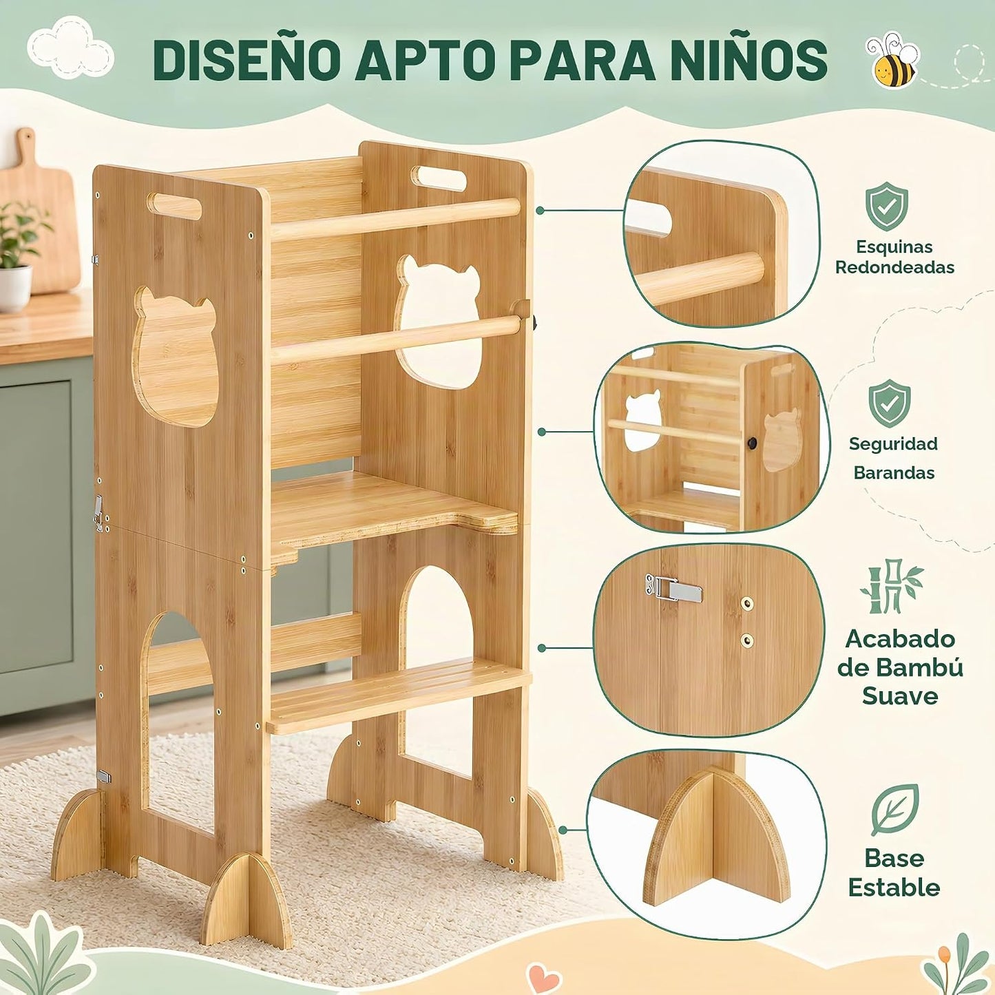 APRTAT Taburete de cocina 4 en 1 para niños pequeños, torre de apre...
