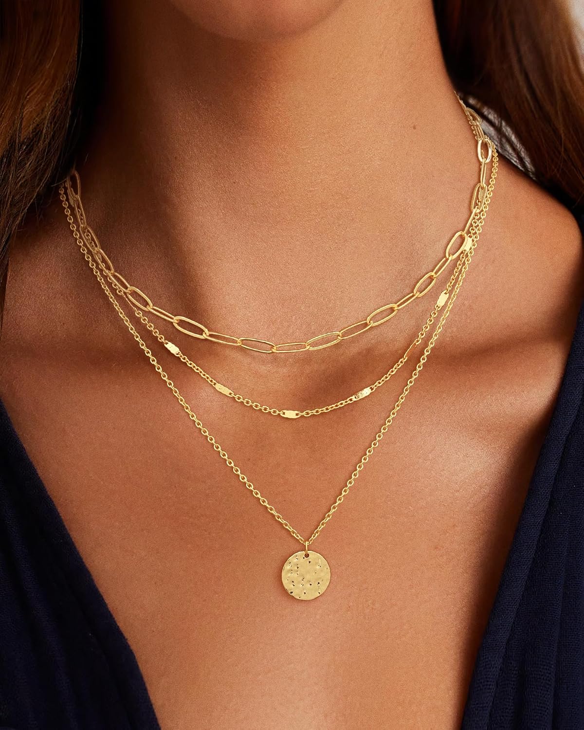JECOMY Collar de oro en capas para mujer, collar chapado en oro de...