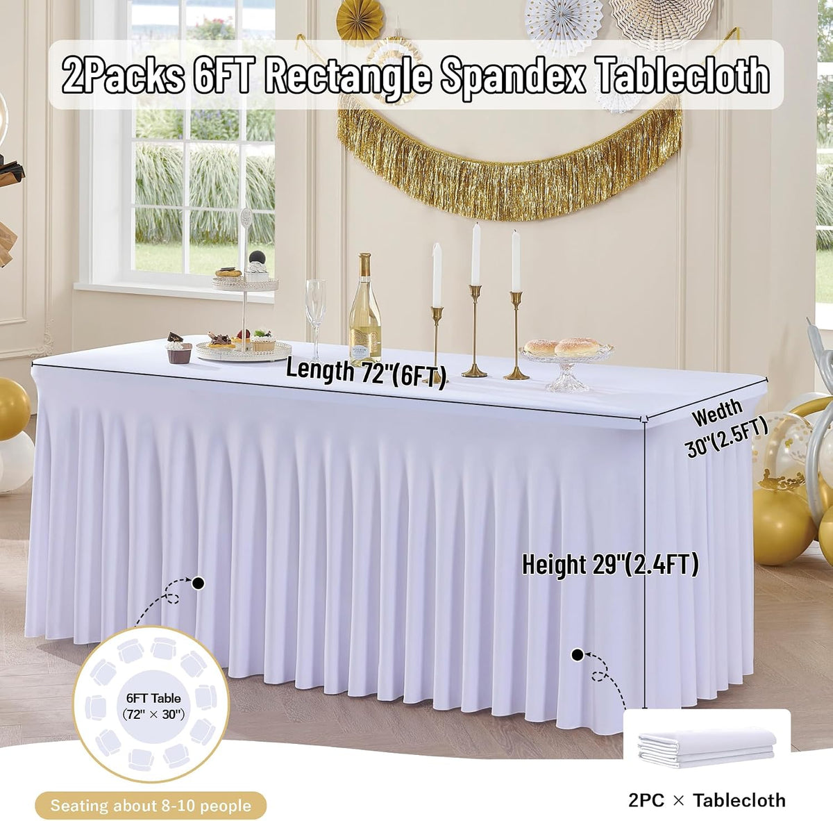 Mantel rectangular de elastano de 6 pies, paquete de 2 unidades, co...