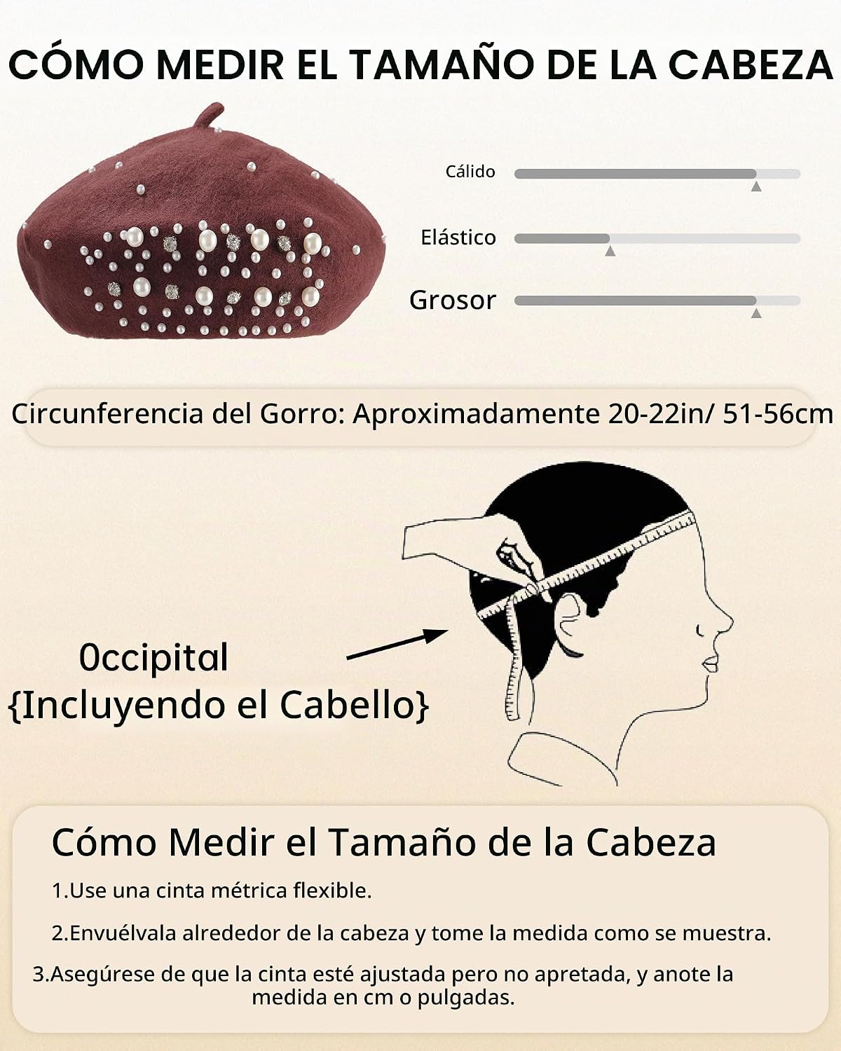 Boina clásica de lana francesa con adornos de perlas y diamantes de...