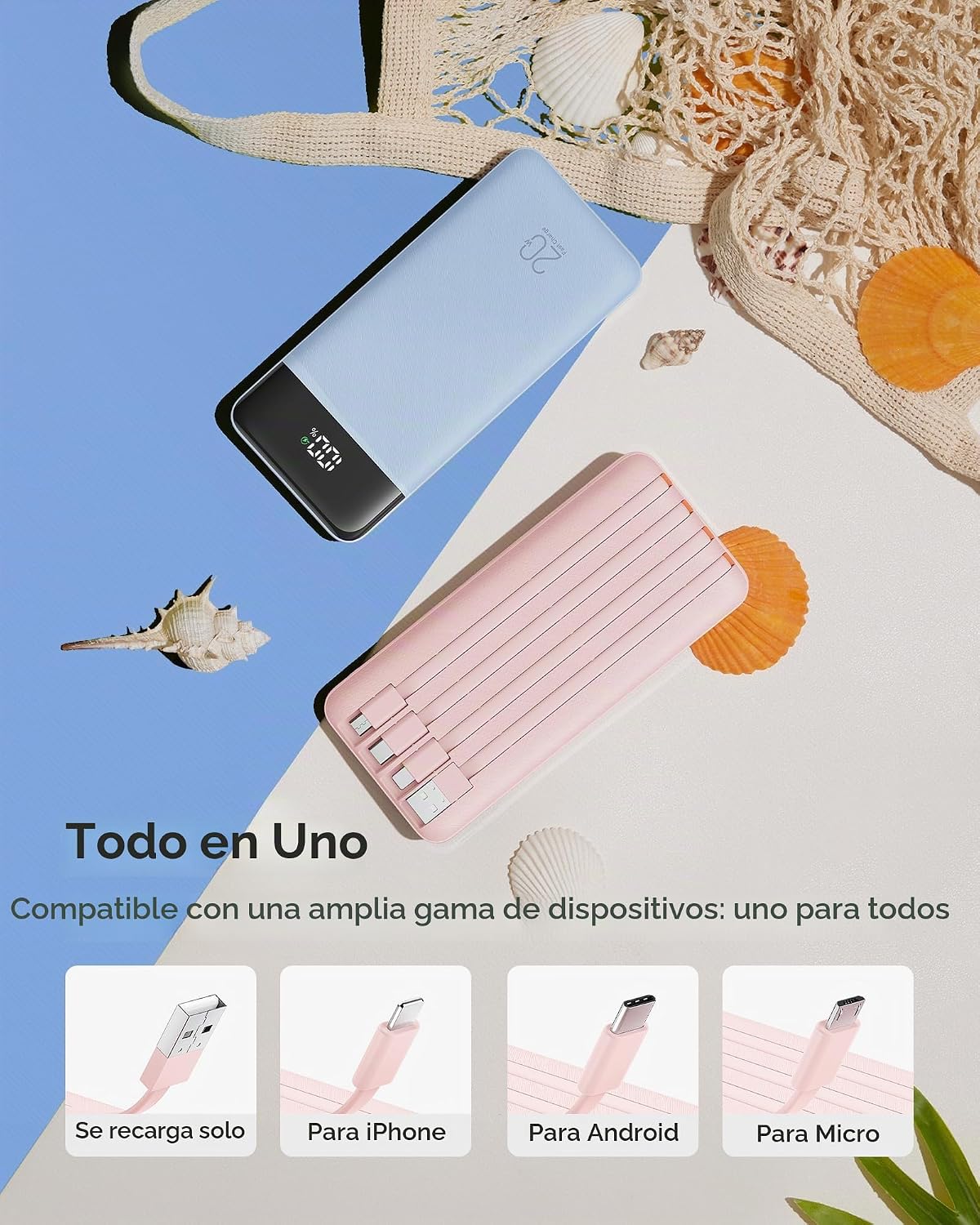 Charmast - Cargador portátil de 20000 mAh con cables incorporados,...
