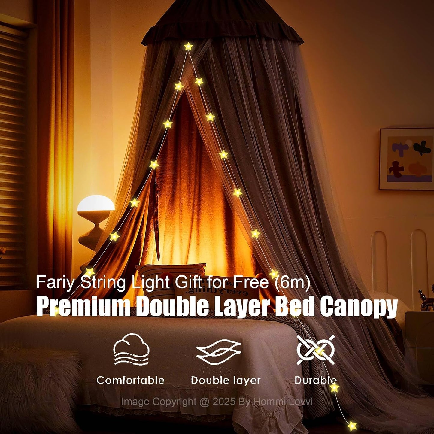 Hommi Lovvi Toldo de cama de doble capa con luces de estrella, 3 pi...