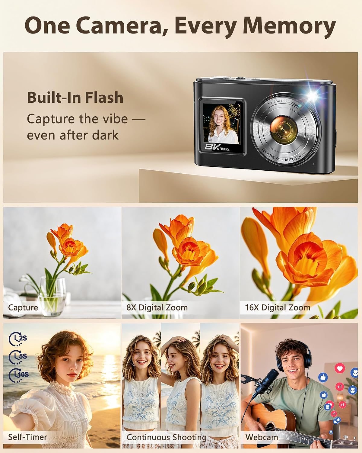 Cámara digital 8K, cámaras WiFi de 96 MP para fotografía con pantal...