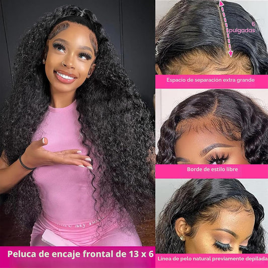 KVFCT Pelucas de encaje frontal de onda profunda de 30 pulgadas de...