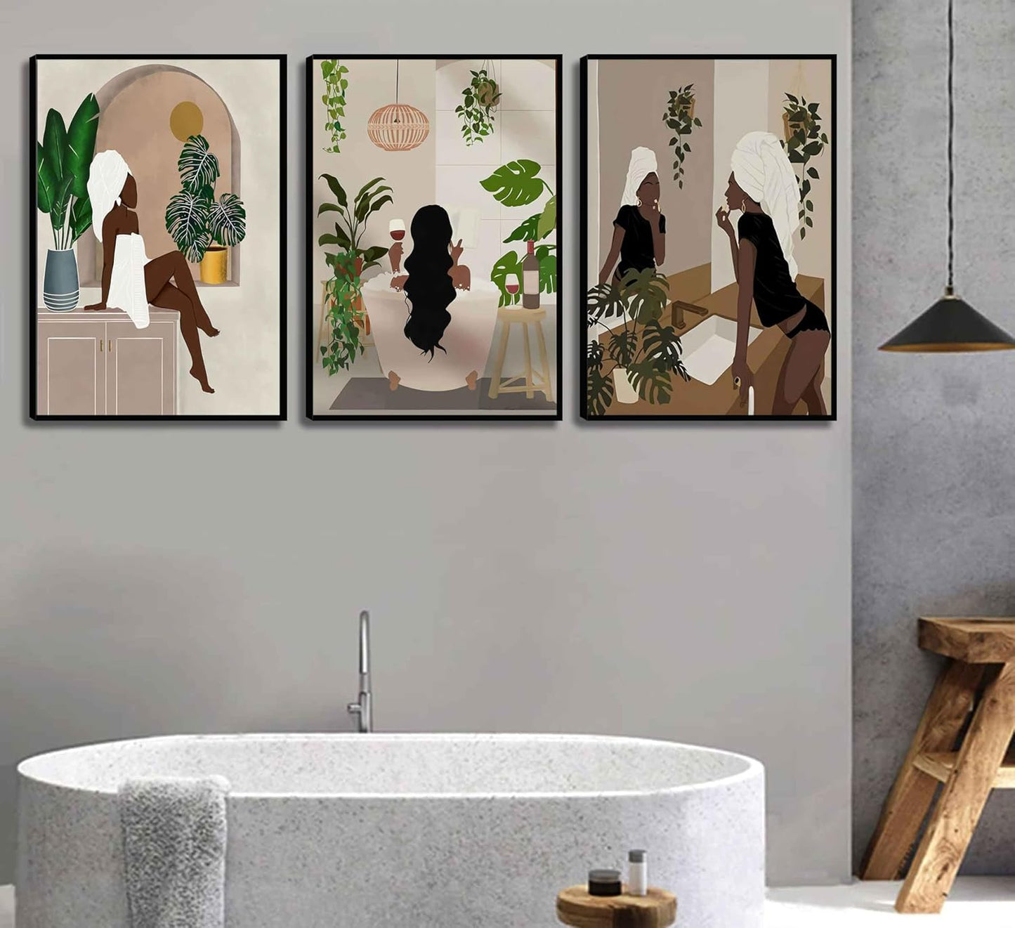 WSTUKVV 3 piezas de arte de pared para baño de chica negra, pósters...