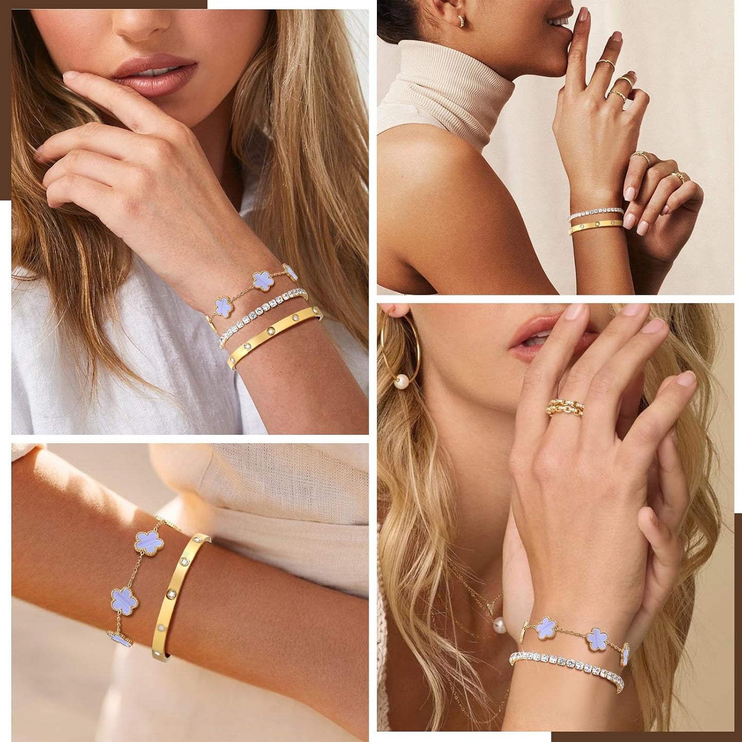 Pulseras florales apilables para mujer en oro - Juego de 3 pulseras...