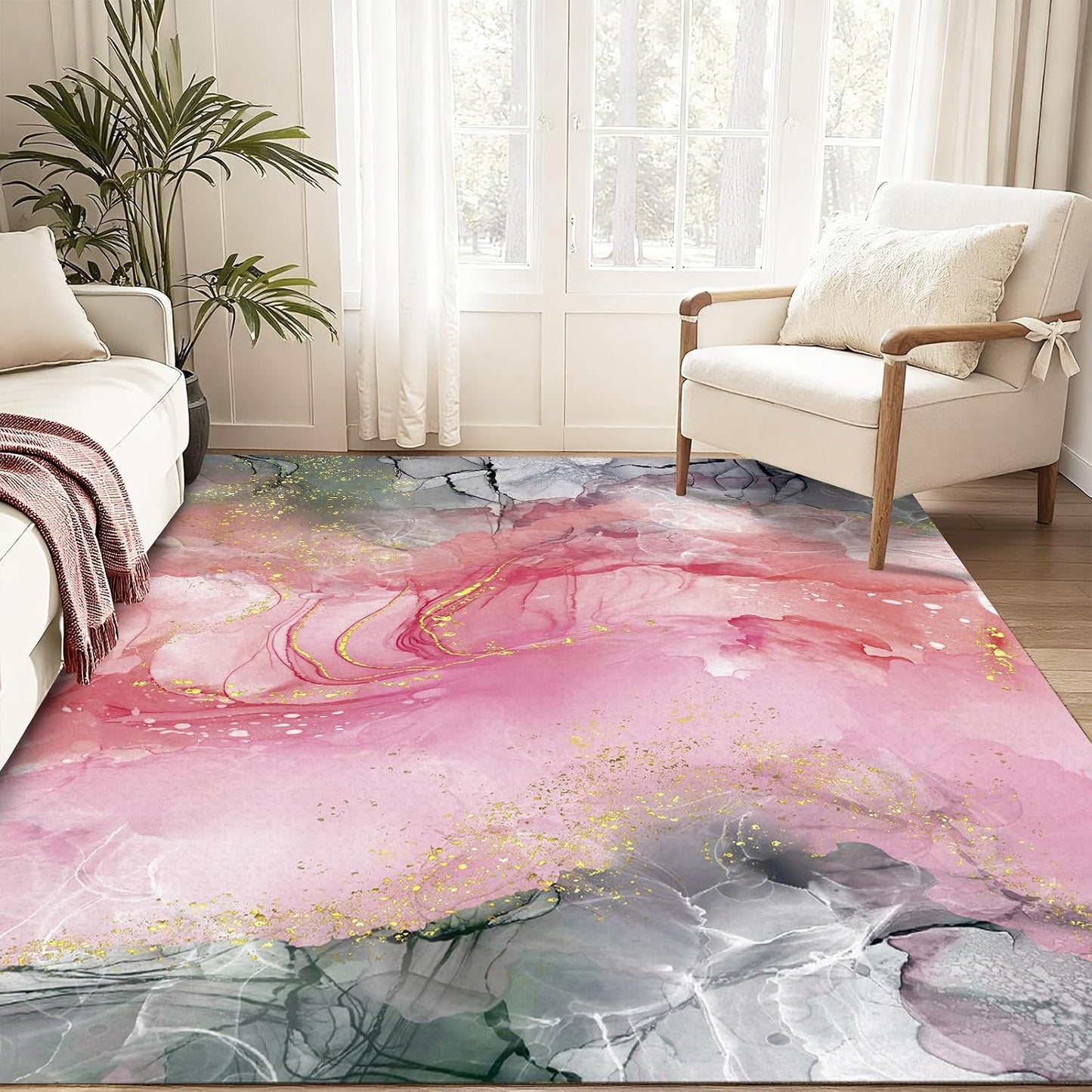 VTKON Alfombra de mármol rosa y gris para dormitorio, textura marmo...