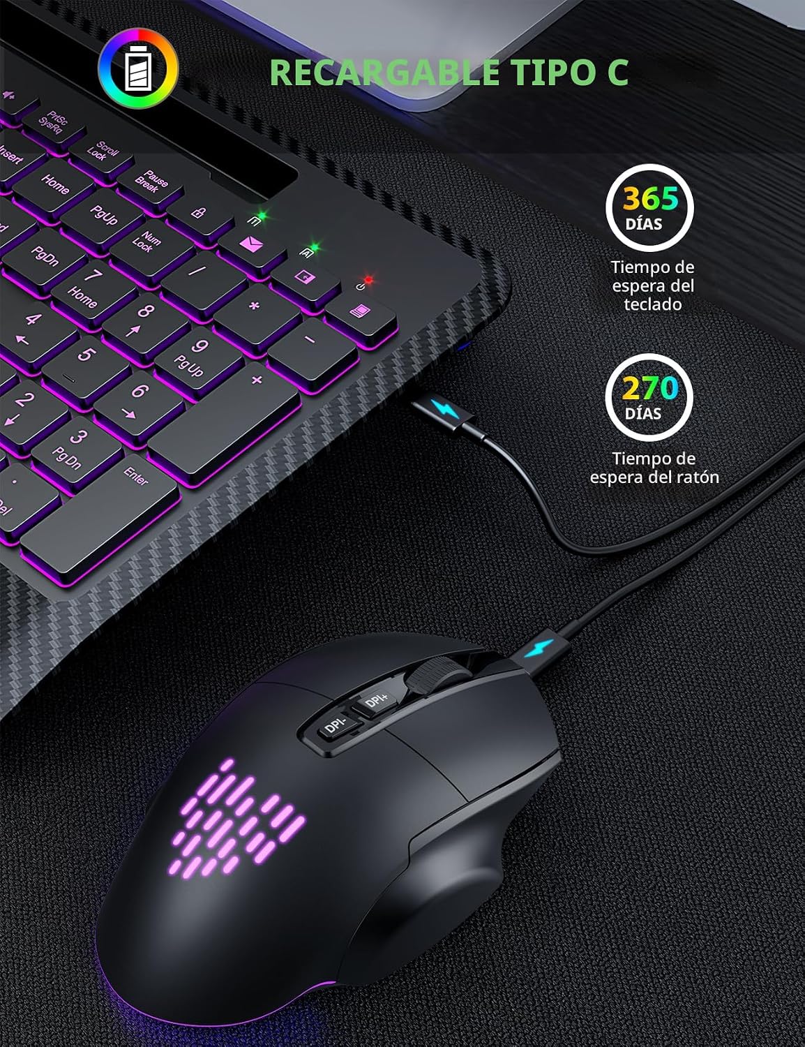 Teclado y Mouse Inalámbricos con Retroiluminación, Reposamuñecas, M...