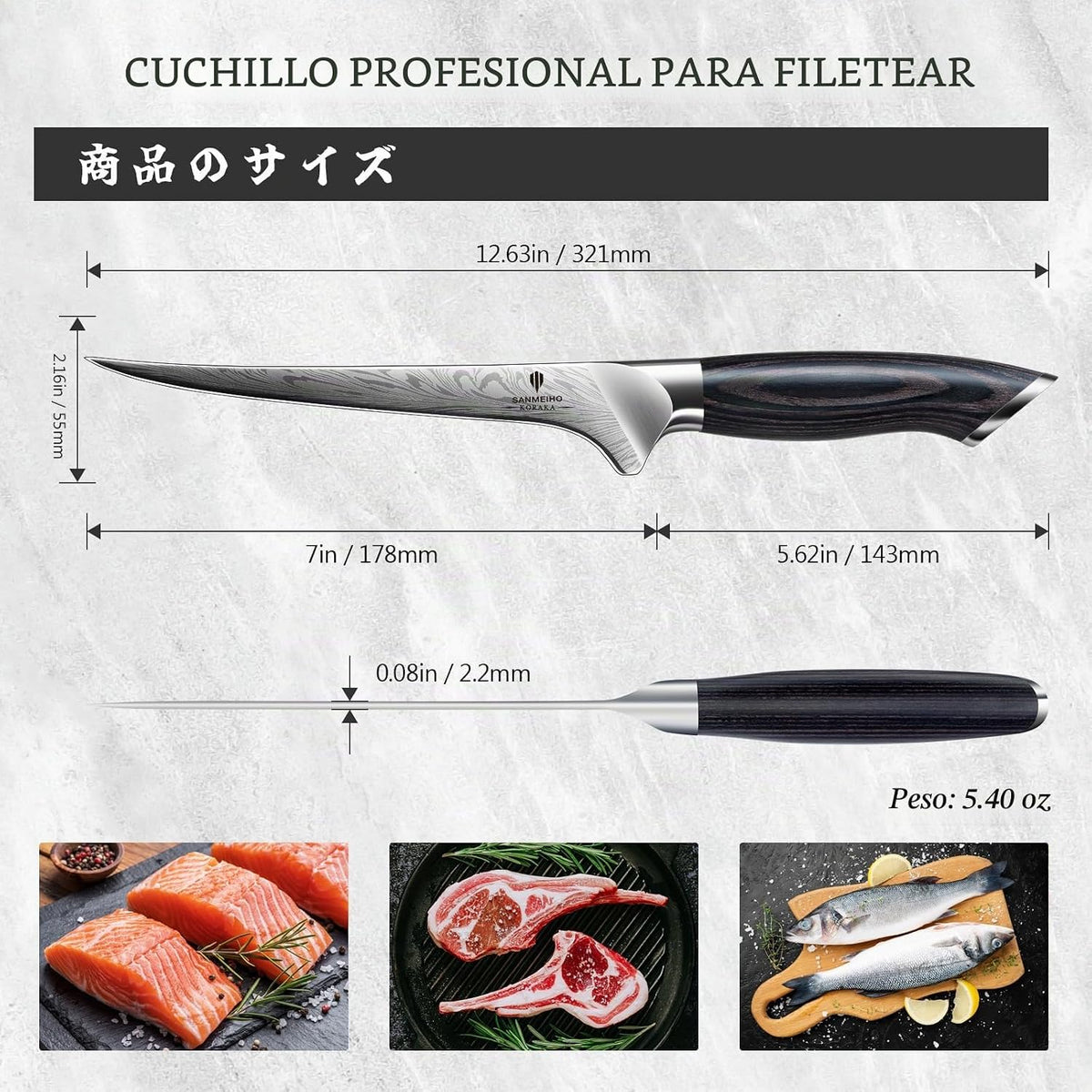 Cuchillo para filete SANMEIHO de 7 pulgadas, cuchillo para deshuesa...