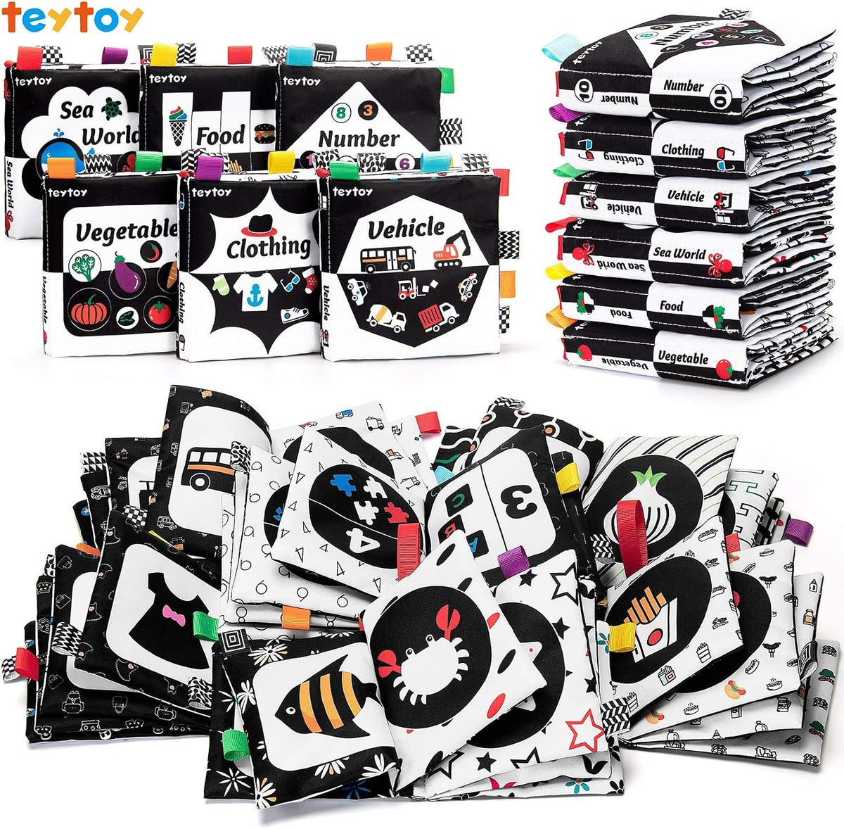 teytoy Juego de 6 libros de tela suave para bebé, color blanco y ne...