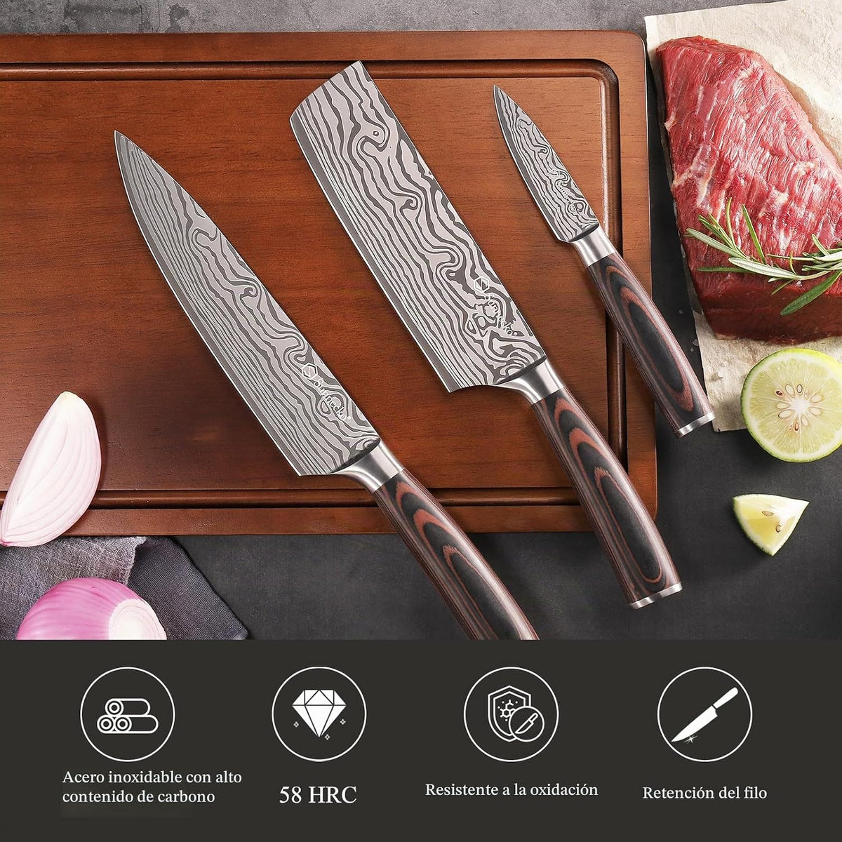 Sunnecko - Juego de cuchillos de cocina de 3 piezas, juego de cuchi...