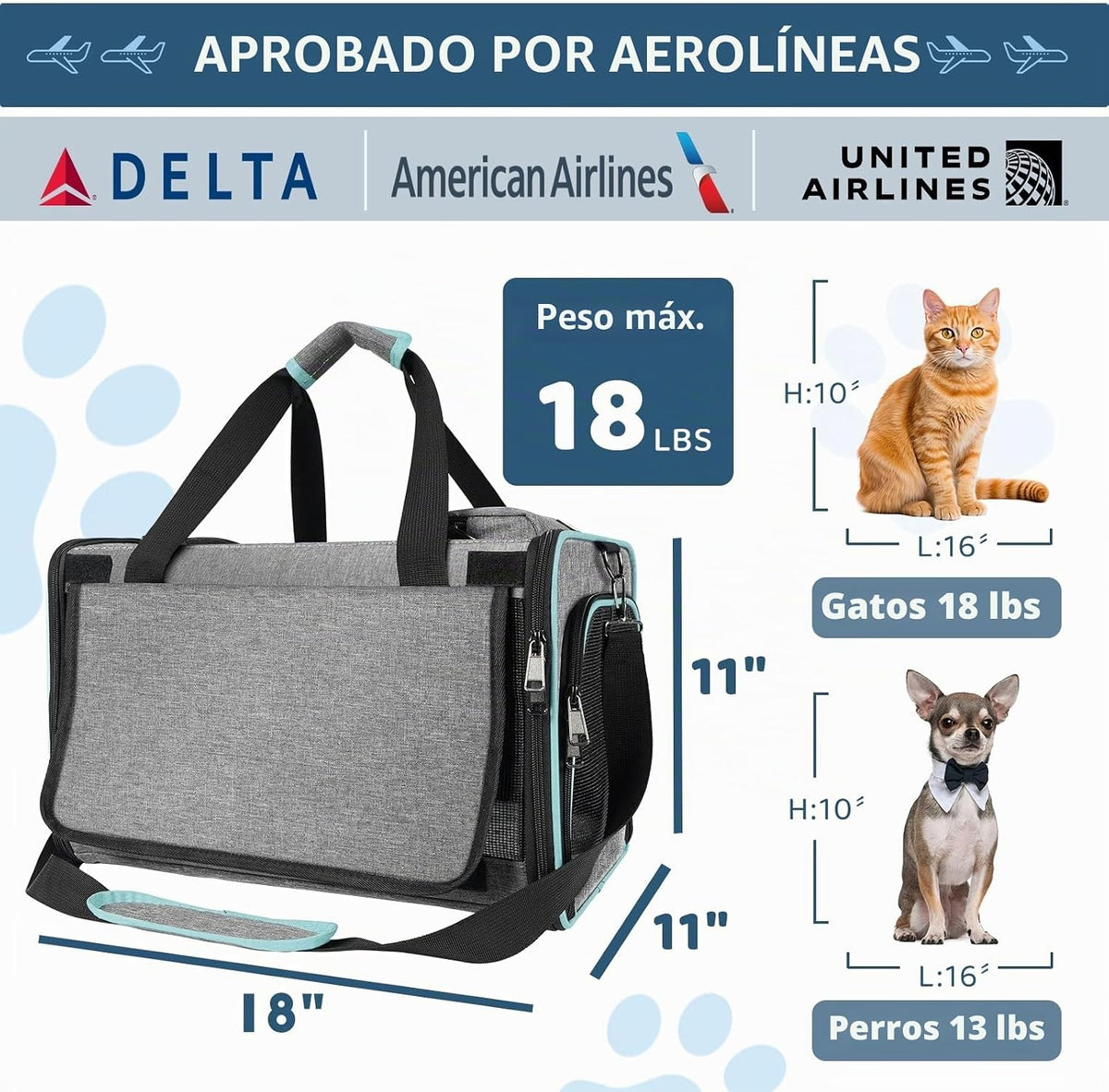 GAPZER Transportador de mascotas de lados suaves para viajes aéreos...